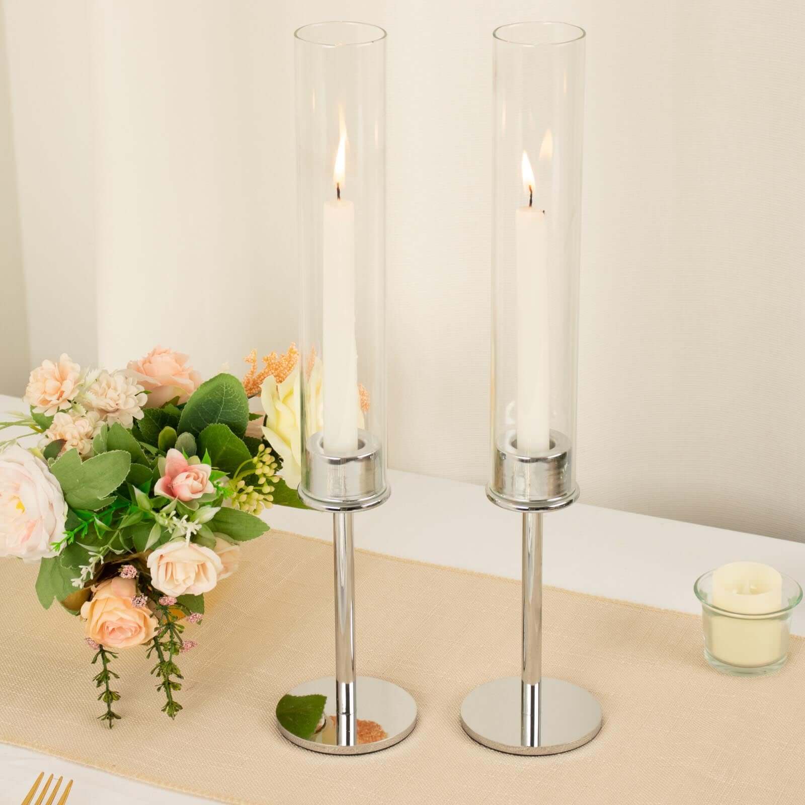2-Pack Silver Metal Taper Candlestick Holders, Clear Glass Hurricane Candle Stands With Chimney Candle Shades 16"
