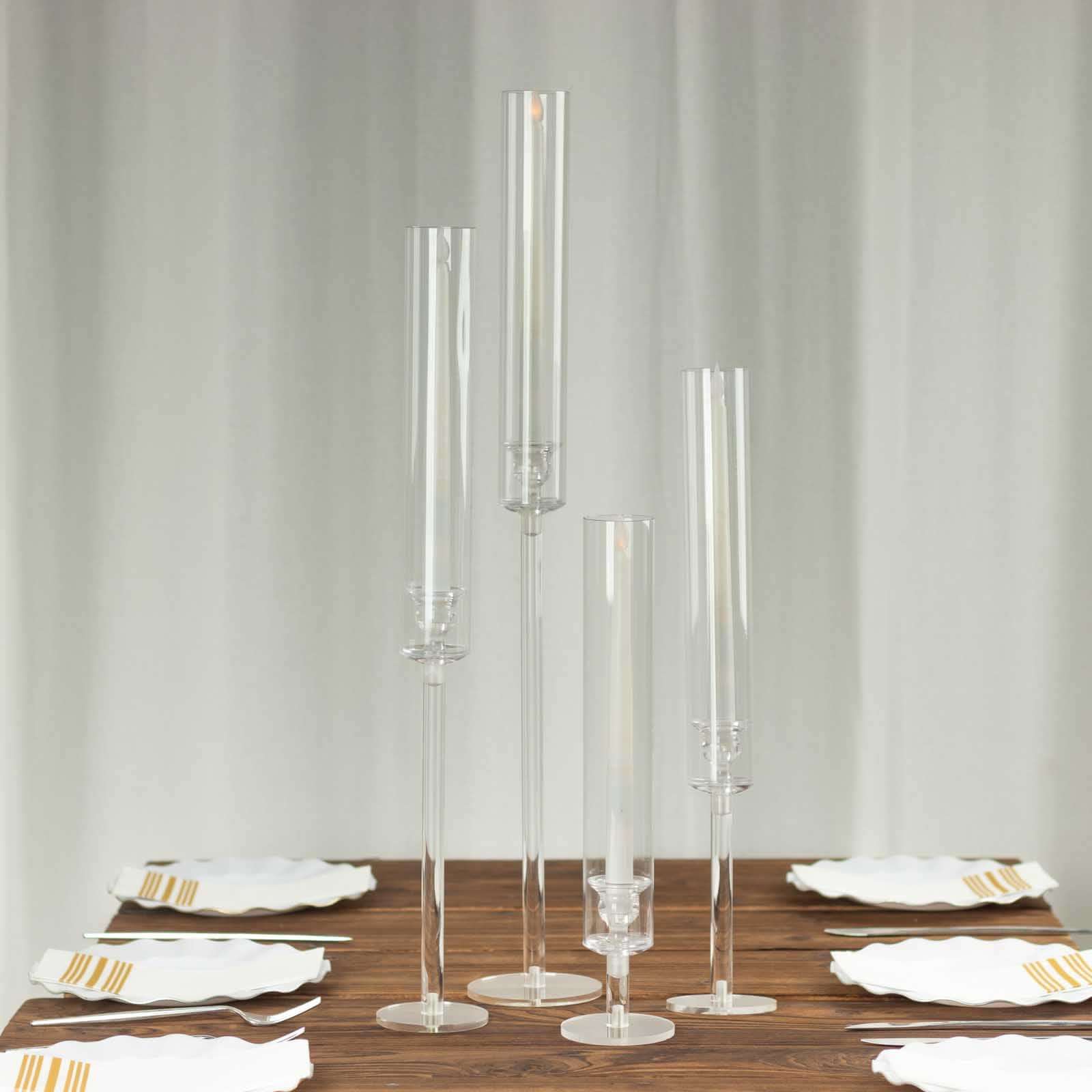 Set of 4 Acrylic Taper Candlestick Holders, Clear Tall Chimney Tube Candle Shades Hurricane Candle Stands 14", 18", 22", 26"
