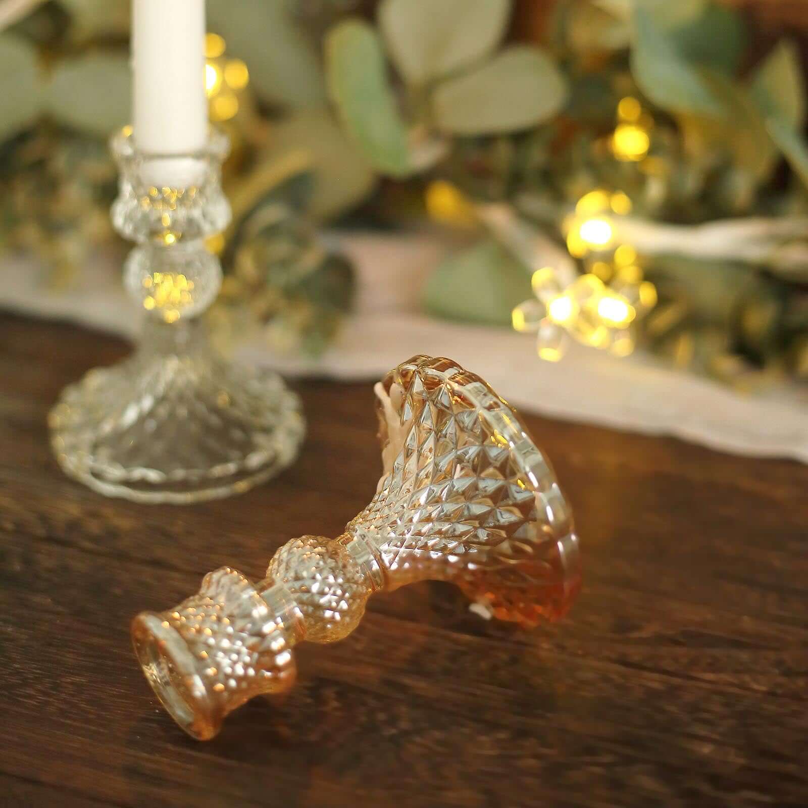 6-Pack Glass Taper Candlestick Holders Diamond Pattern Design Amber Gold - Reversible Crystal Pillar Votive Stands 4"