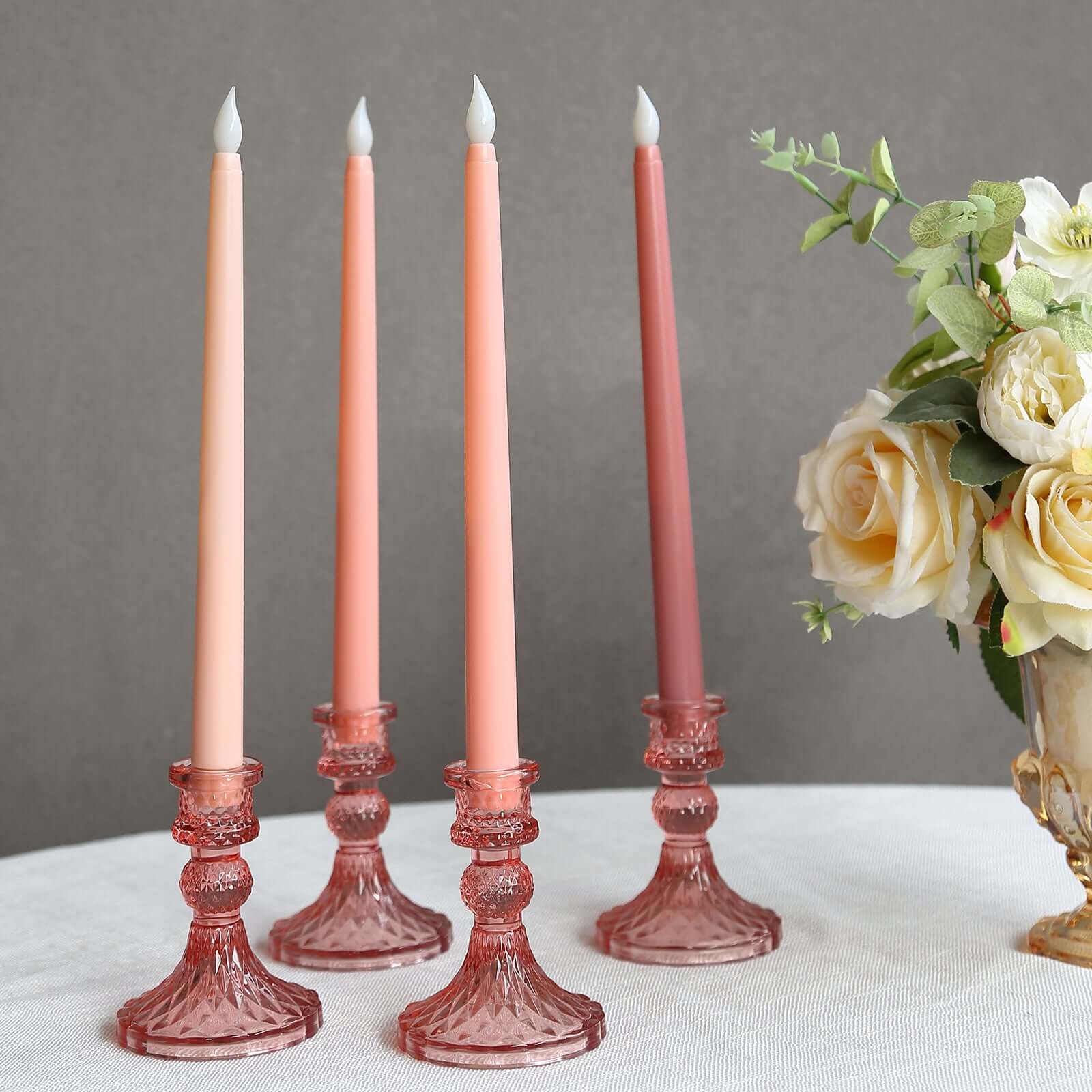 6-Pack Glass Taper Candlestick Holders Diamond Pattern Design Dusty Rose - Reversible Crystal Pillar Votive Stands 4"