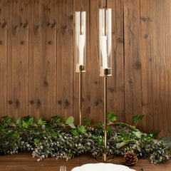 2-Pack Gold Metal Taper Candlestick Holders, Clear Glass Hurricane Candle Stands With Chimney Candle Shades 24"