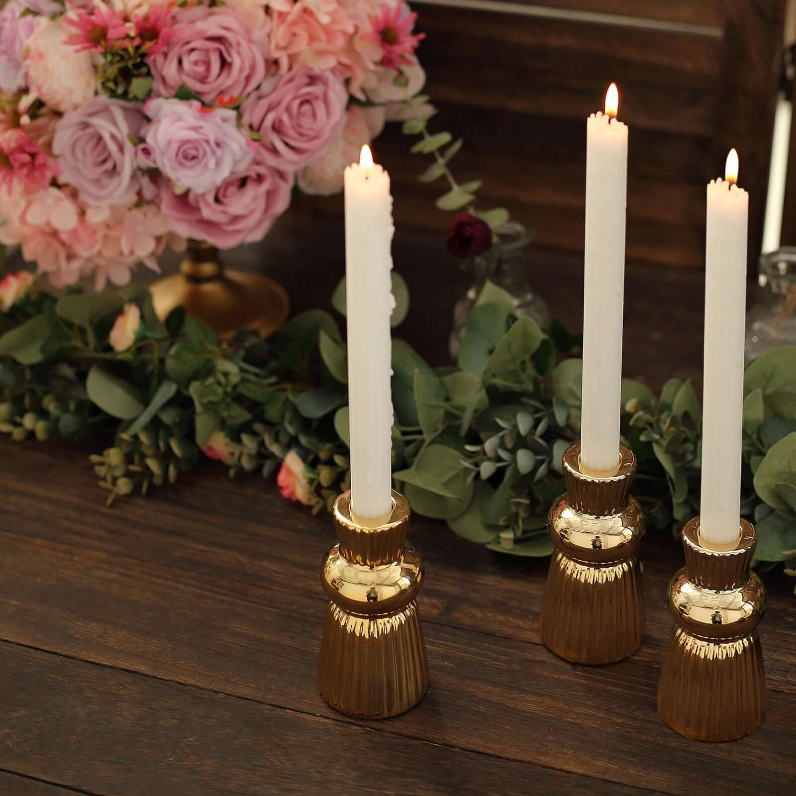 3-Pack Ceramic Taper Candle Holders Fluted Ball Neck Design Metallic Gold - Ribbed Candlestick Stands 5"
