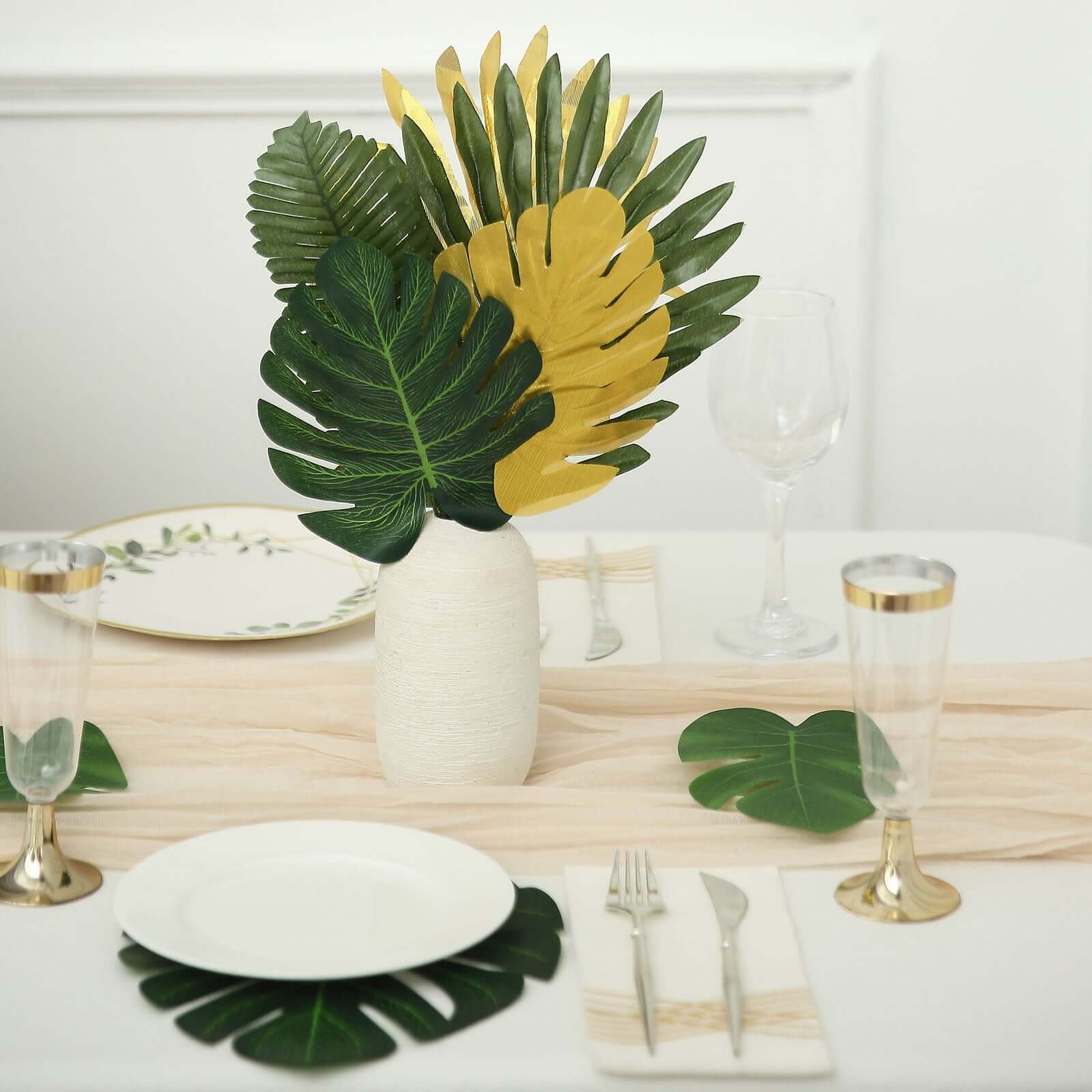 28 Pack Green And Gold Silk Tropical Monstera Palm Leaves, Assorted Artificial Jungle Theme Branches