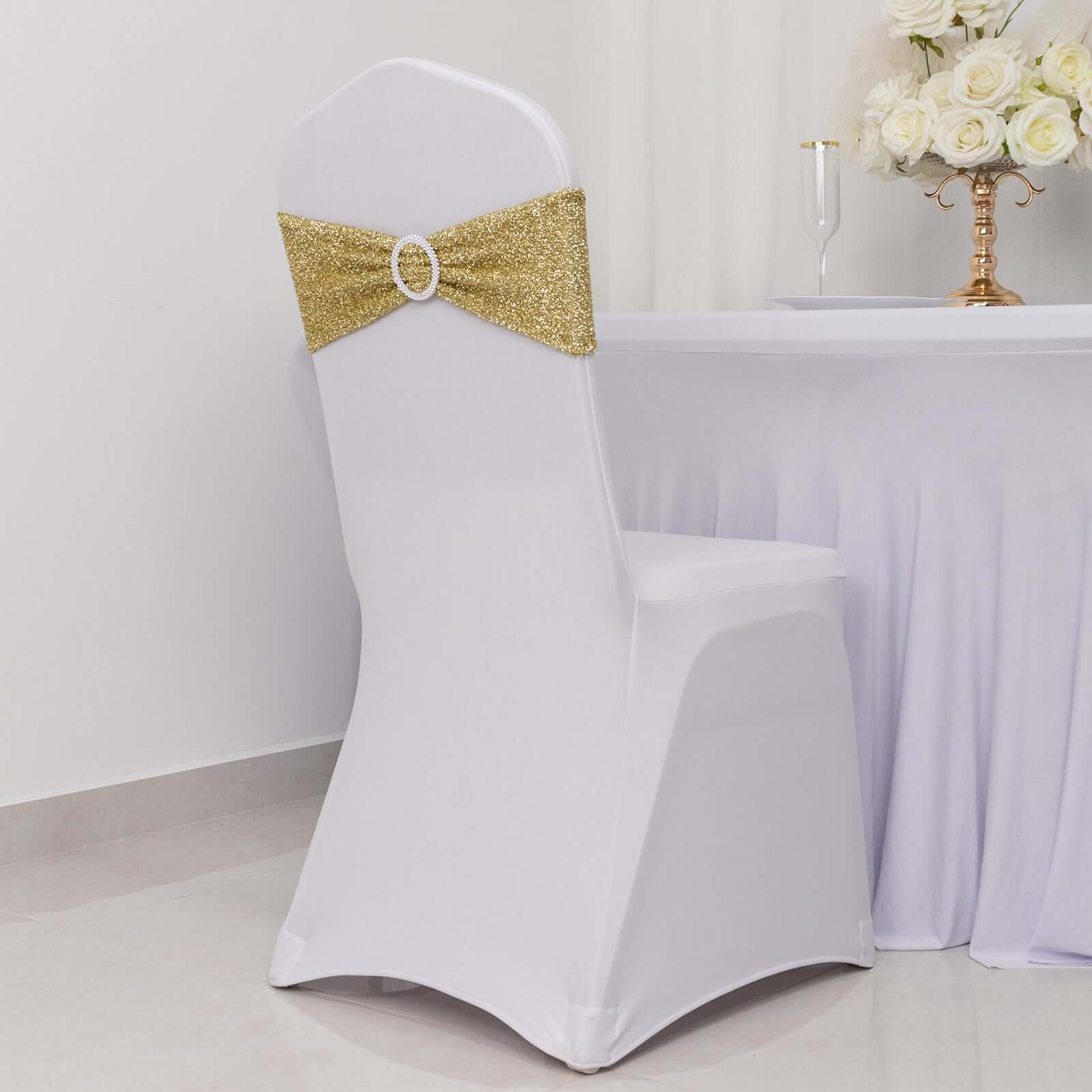 5 Pack Chair Sashes Shimmer Tinsel Spandex 5"x12" with Silver Rhinestone Buckles Champagne - Stylish Chair Bands