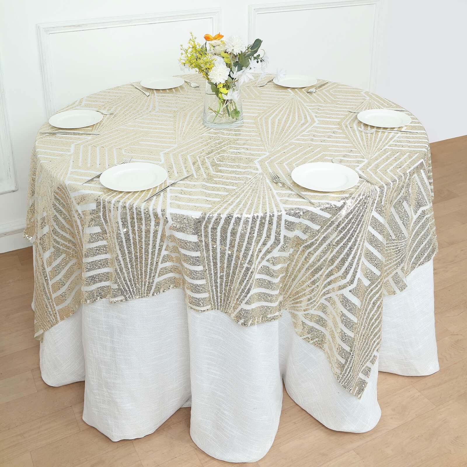 Sequin 72" Table Overlay Square Tablecloth Champagne - Diamond Glitz Table Cover