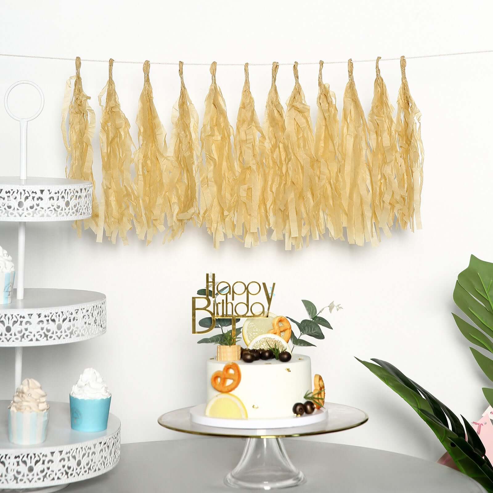 12 Pack Pre-Tied Champagne Paper Fringe Tassels With Garland String, Hanging Streamer Banner