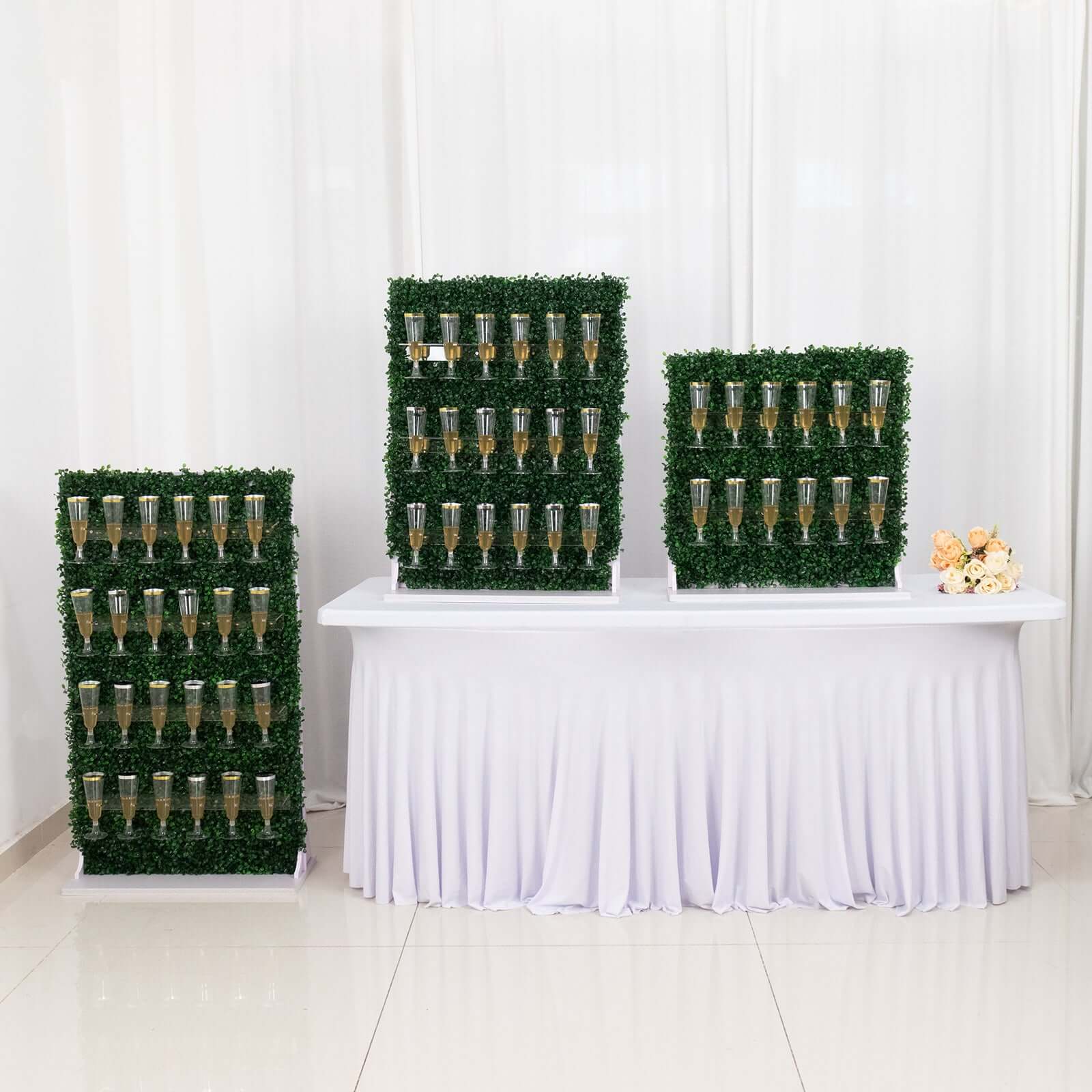 Set of 3 Champagne Wall Glass Holder Green - Tiered Faux Boxwood Stemware Rack Cocktail Display Drink Organizer for Classy Events & Banquets 24", 33", 42"