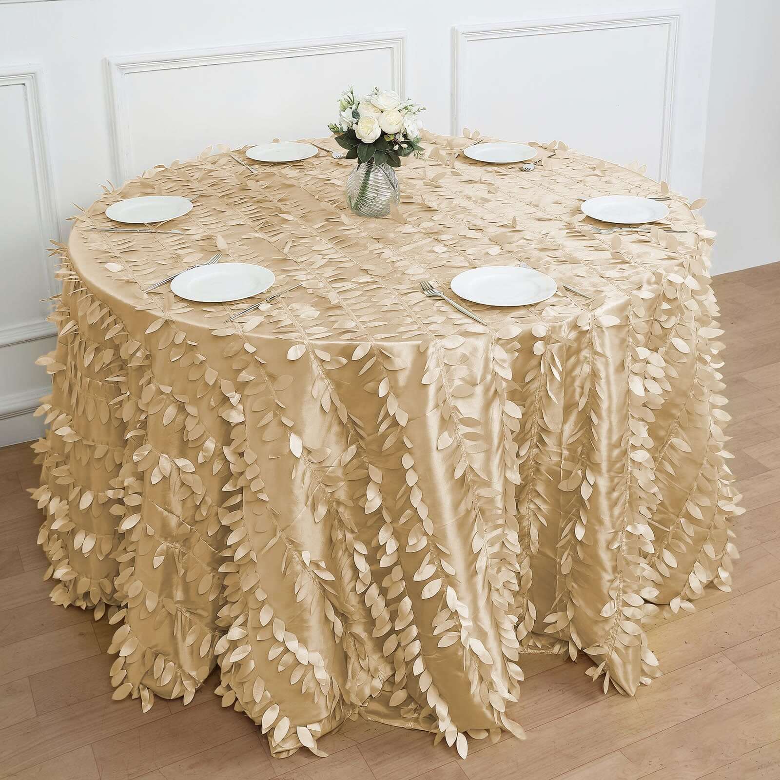 Taffeta 120" Round Tablecloth Champagne 3D | 3D Leaf Petal Design Seamless Table Cover