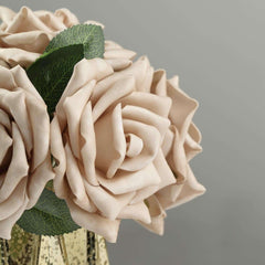 24 Roses 5" Champagne Artificial Foam Flowers With Stem Wire and Leaves