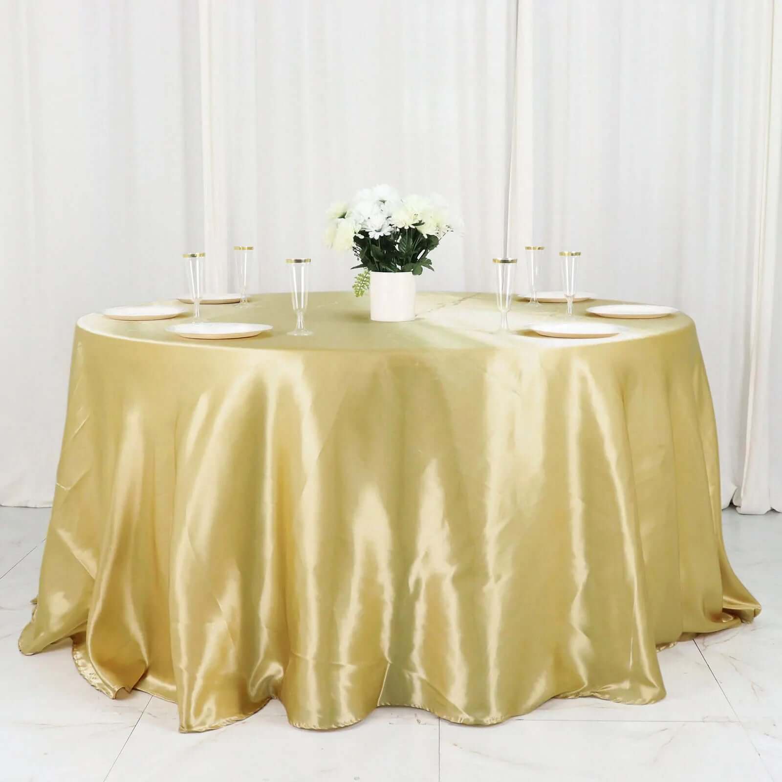 Satin 132" Round Tablecloth Champagne - Stylish Seamless Table Cover