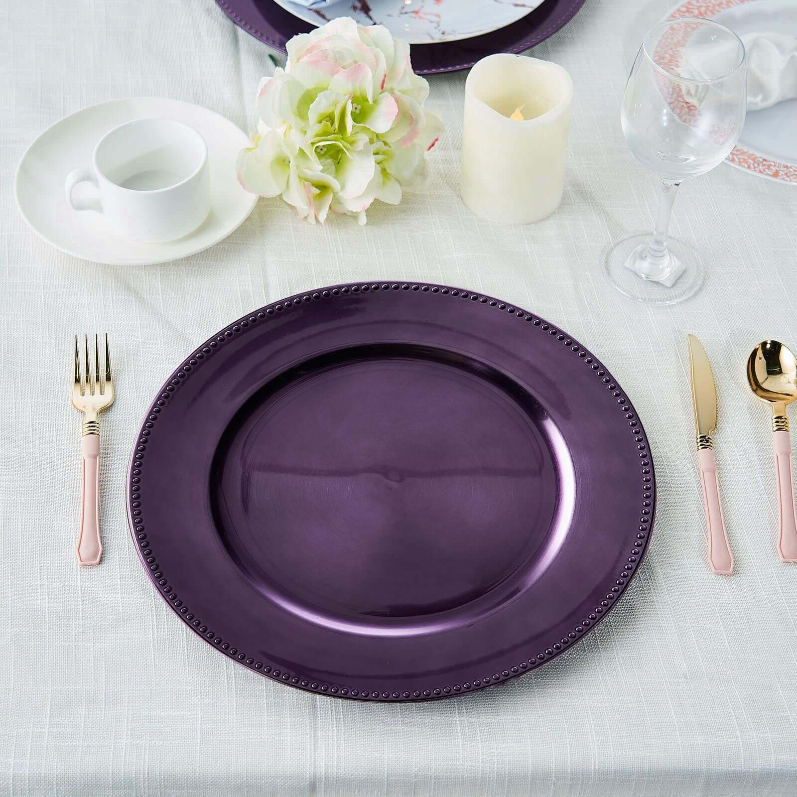 6-Pack Acrylic Round Charger Plates 13" in Purple with Beaded Rim, Dinner Charger Event Tabletop Decor