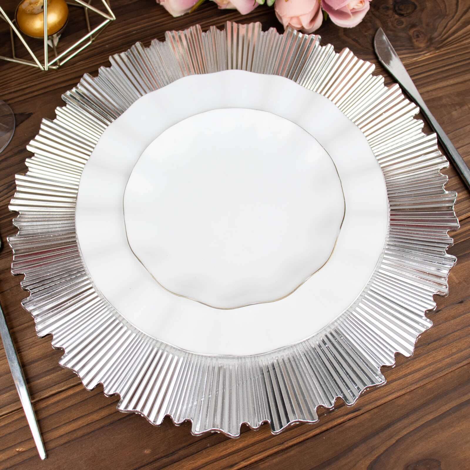 6-Pack Acrylic Plastic Round Charger Plates 13" in Metallic Silver with Sunray Scalloped Rim, Decorative Dinner Party Charger Tableware