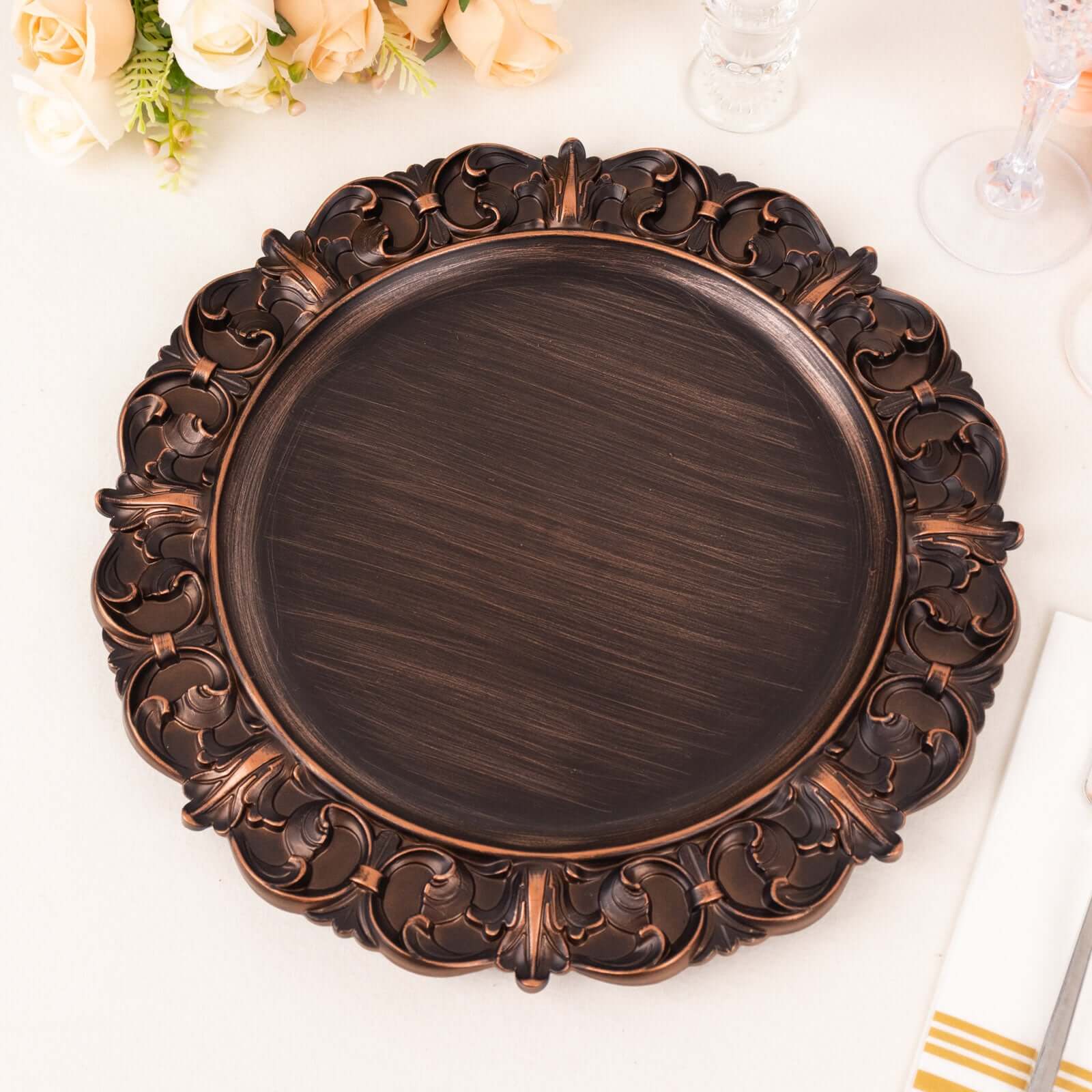 6-Pack Acrylic Round Charger Plates 13" in Dark Brown with Aristocrat Retro Baroque Rim, Ornate Plastic Decorative Chargers