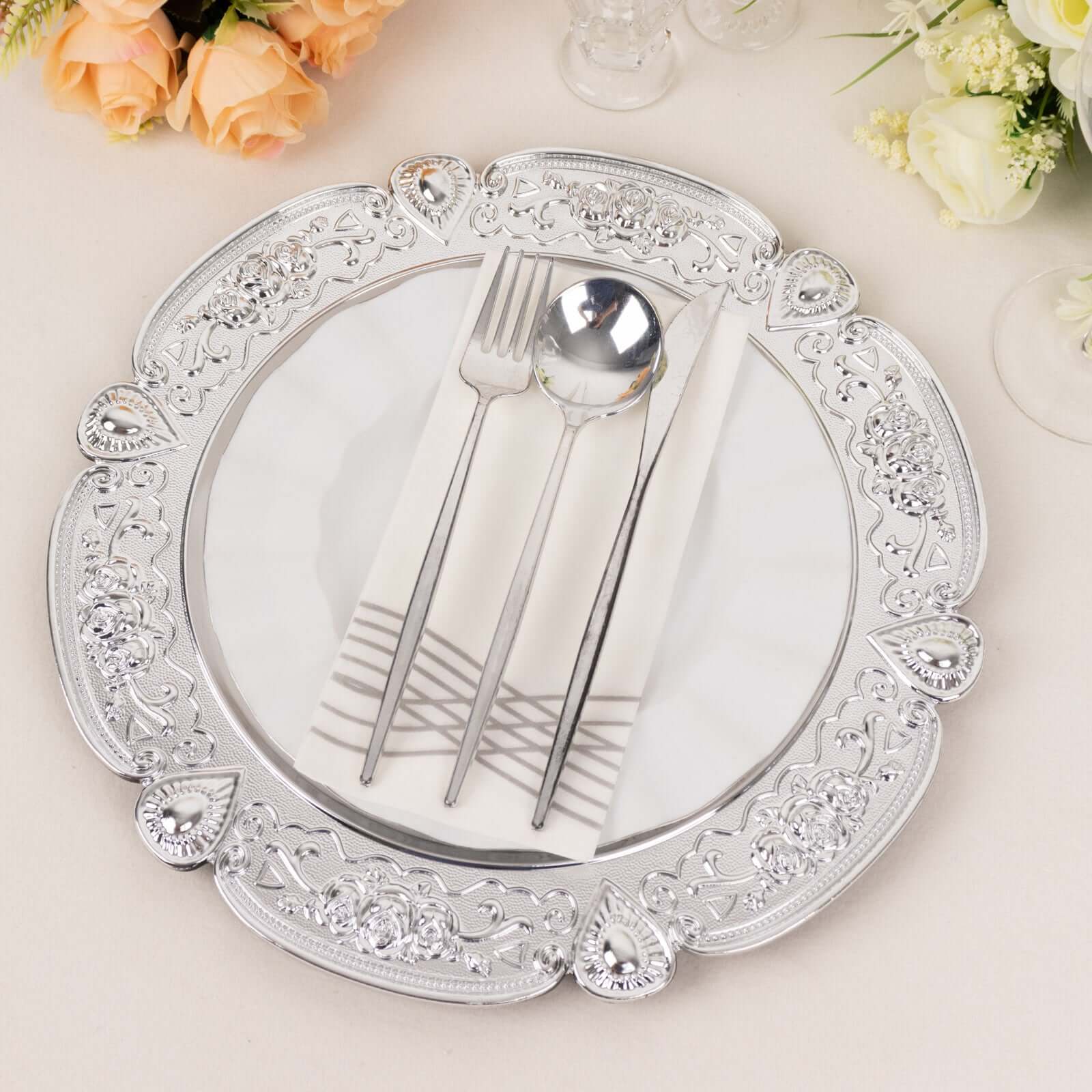 6-Pack Acrylic Round Charger Plates 13" in Silver Floral Embossed with Scalloped Rim, Plastic Decorative Charger Tableware