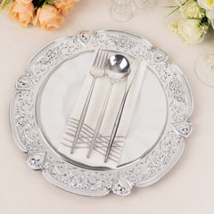 6-Pack Acrylic Round Charger Plates 13" in Silver Floral Embossed with Scalloped Rim, Plastic Decorative Charger Tableware