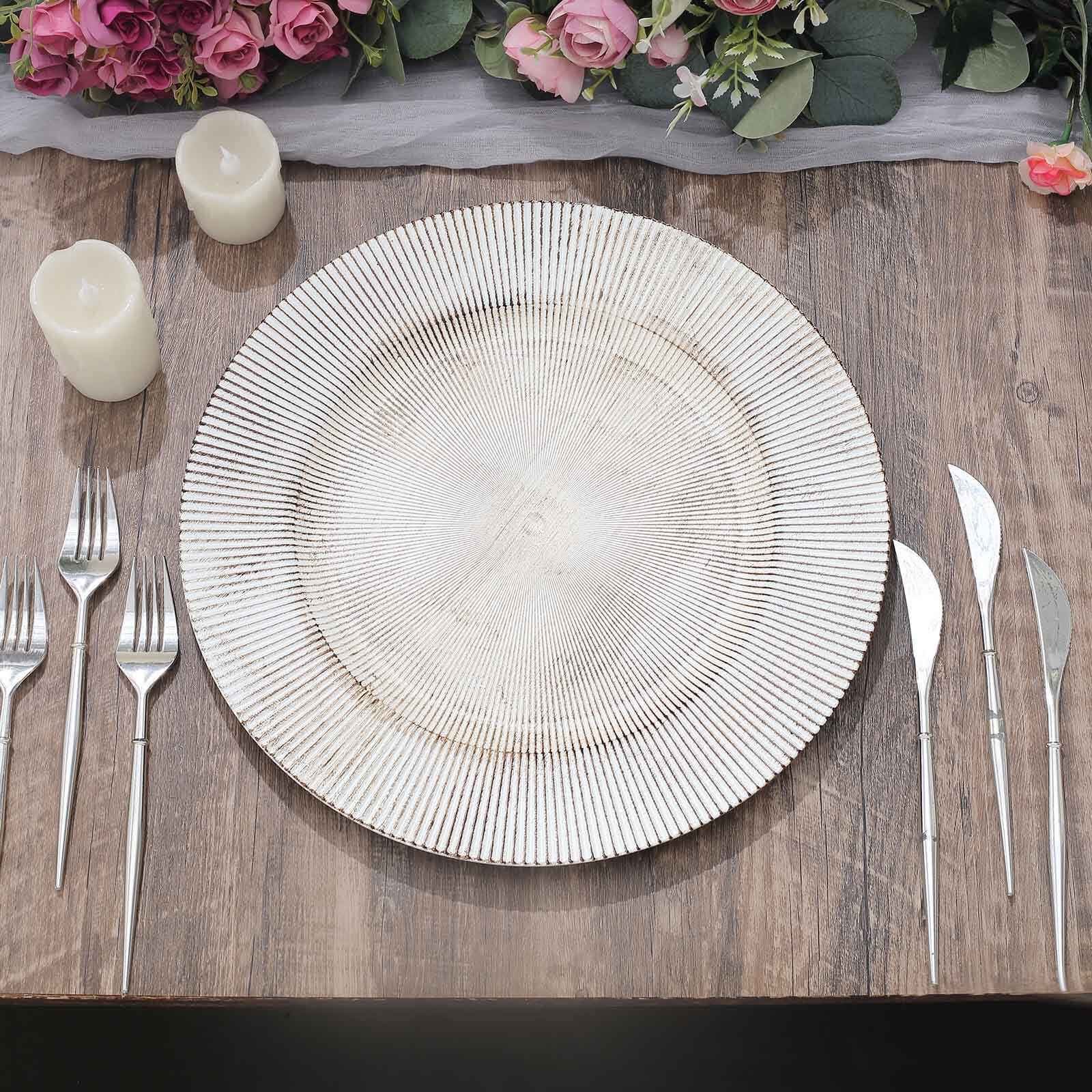 6-Pack Faux Wood Round Charger Plates 13" White Washed with Embossed Sunray Pattern, Chic Plastic Decorative Chargers