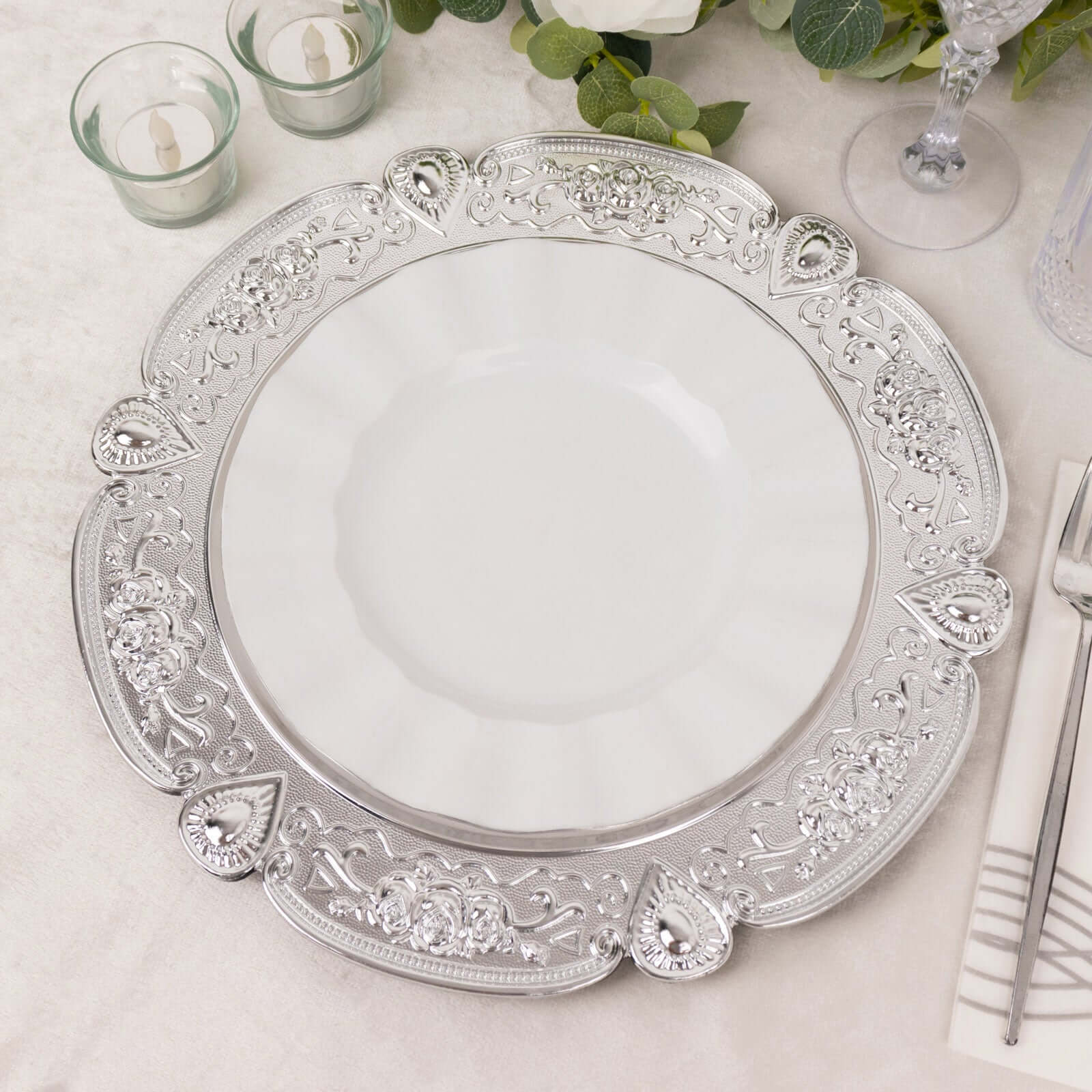 6-Pack Acrylic Round Charger Plates 13" in Silver Floral Embossed with Scalloped Rim, Plastic Decorative Charger Tableware
