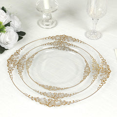 20-Pack Economy Plastic Round Charger Plates 13" in Clear with Gold Embossed Baroque Rim, Stylish Dinner Party Serving Plates