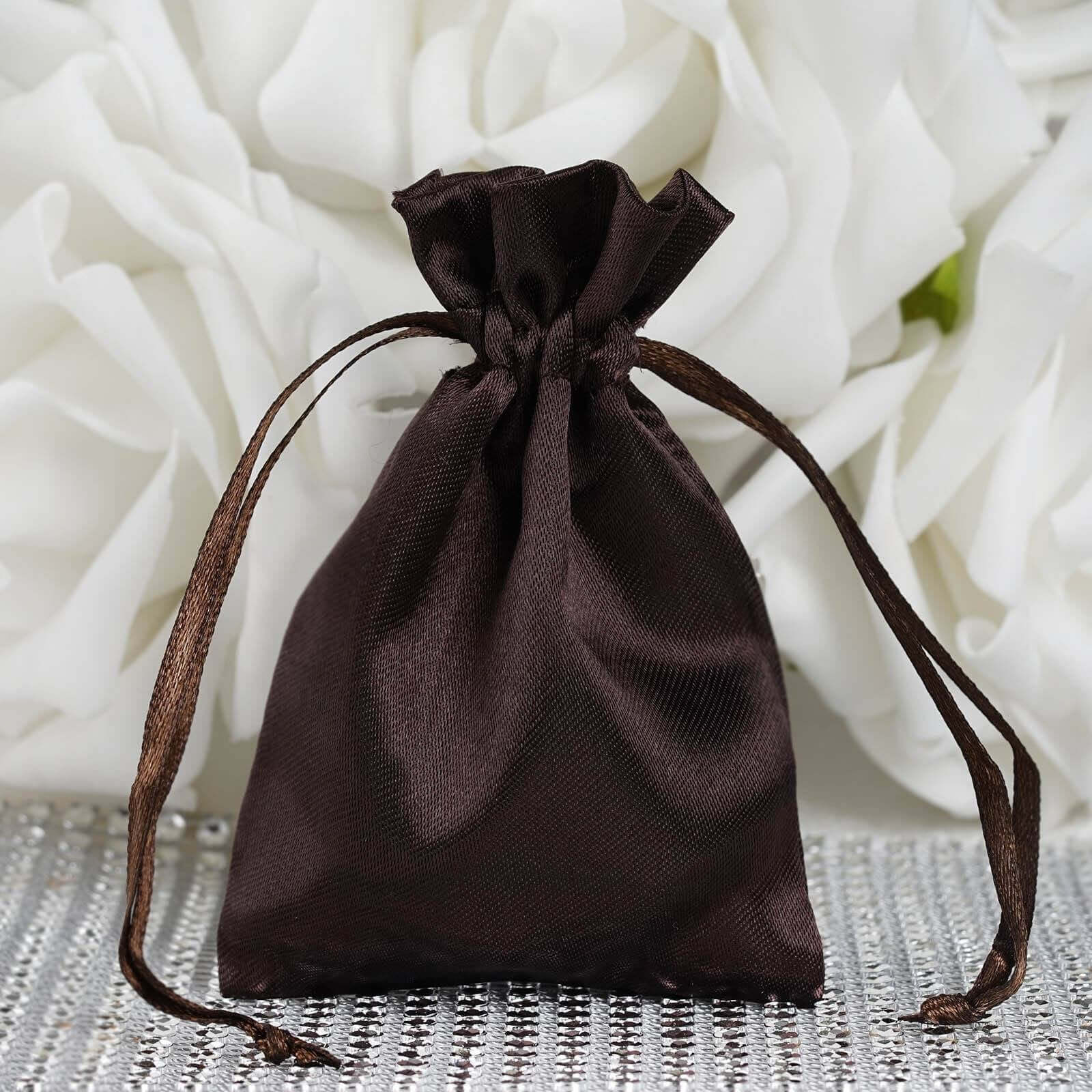 12 Pack 3" Chocolate Satin Drawstring Wedding Party Favor Gift Bags - Clearance SALE