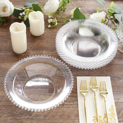 10-Pack Plastic Dessert Salad Bowls Clear Round Design with Silver Beaded Rim - Disposable Soup Bowls 12oz