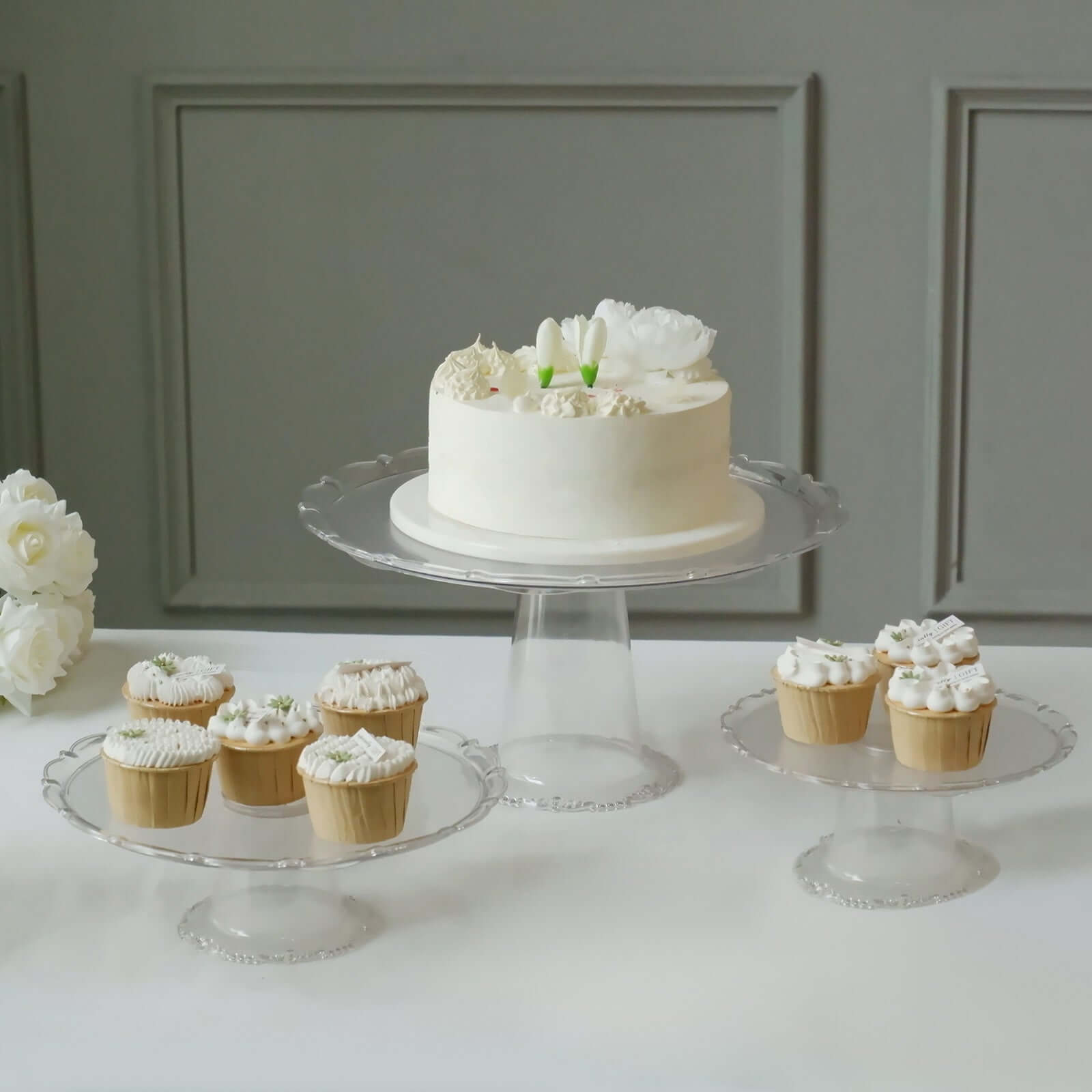 Set of 3 Plastic Round Pedestal Cake Stands Clear - Stackable Cupcake Display Holders with Scalloped Edges for Tea Parties Dessert Buffets & Banquets 9", 11", 15"