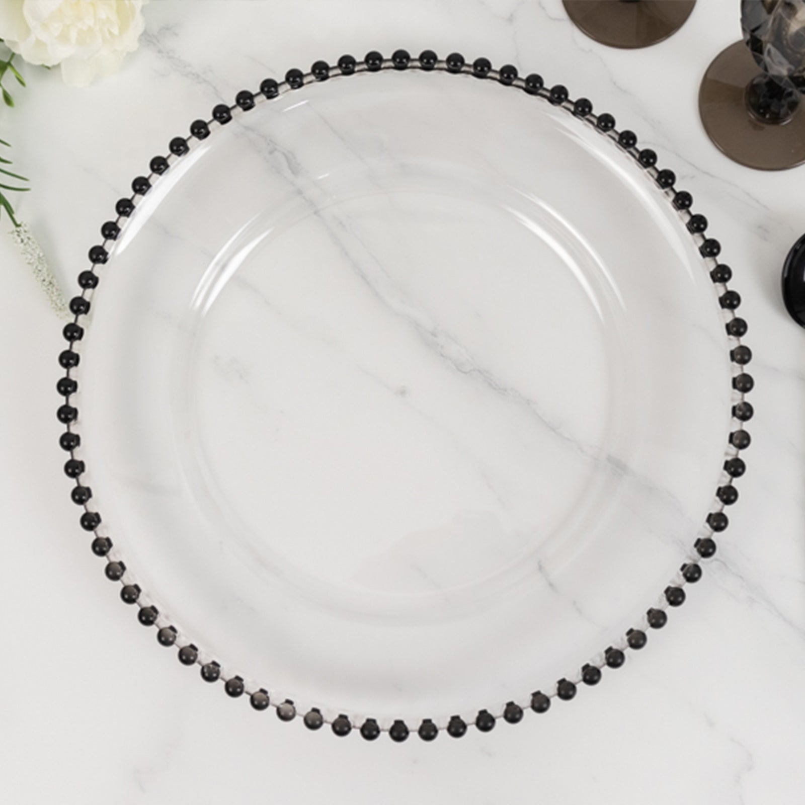 6-Pack Acrylic Round Charger Plates 13" in Clear with Black Beaded Rim, Decorative Dinner Party Charger Tableware