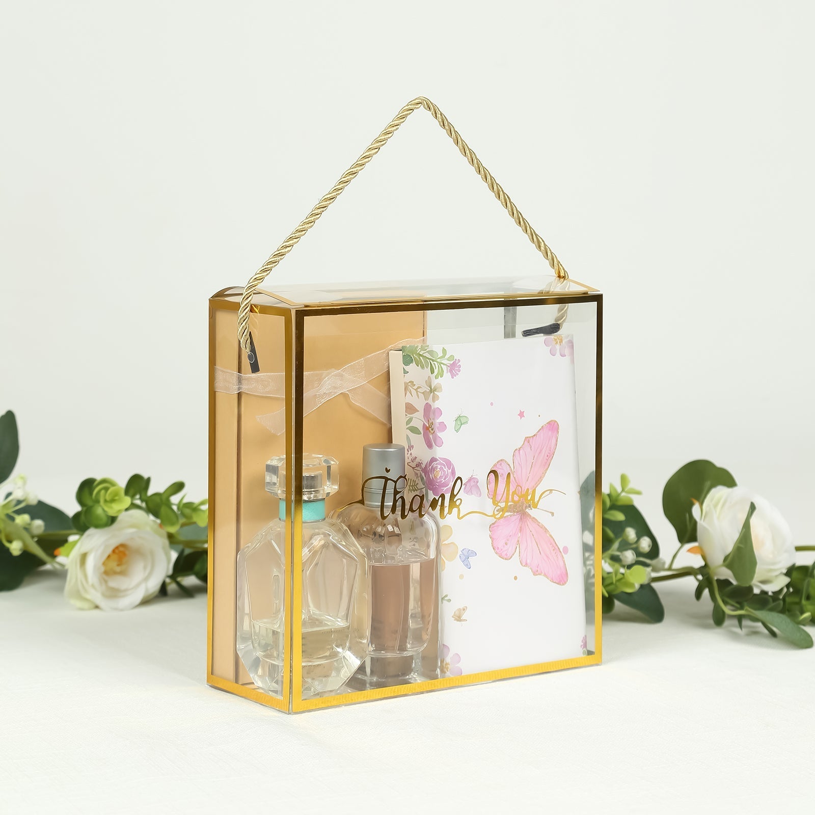 25 Pack Gold Trimmed Clear PVC Gift Boxes with Rope Handles and Thank You Print, Square Transparent Portable Candy Favor Boxes - 8"x8"
