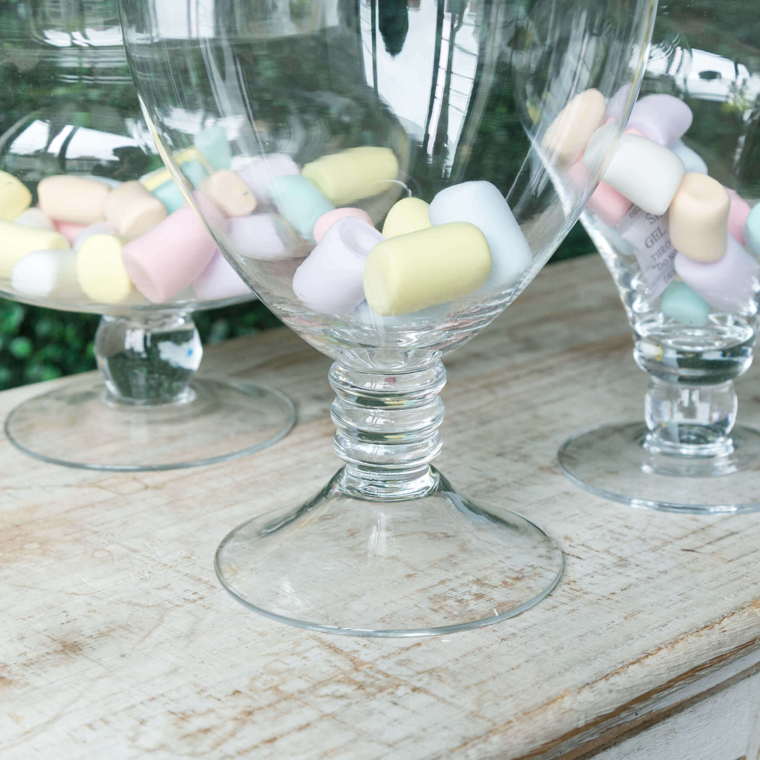 Set of 3 Glass Candy Jars Pedestal Apothecary Design Clear with Snap-On Lids - Stylish Party Favor Containers 10"/12"/14"