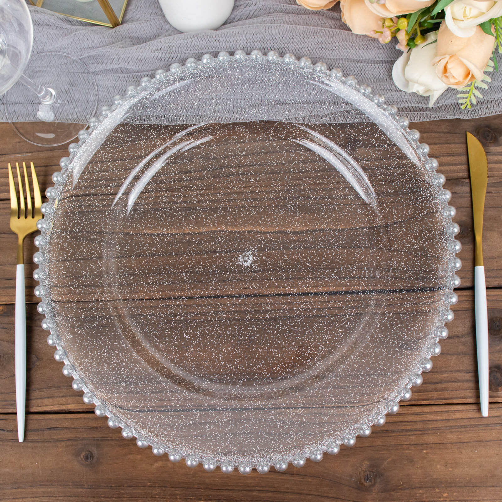 6-Pack Acrylic Round Charger Plates 13" in Clear Silver Glittered with Beaded Rim, Decorative Dinner Party Serving Plates