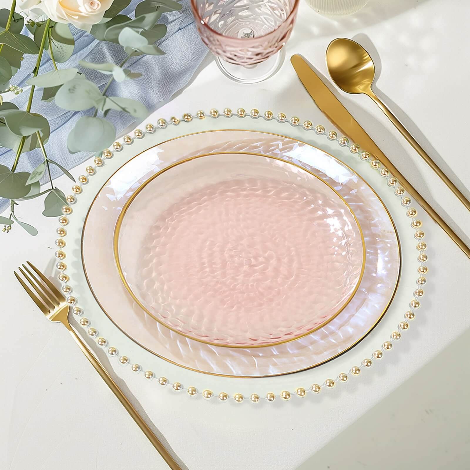 10-Pack Plastic 7" Round Dessert Appetizer Plates in Transparent Blush Hammered Design with Gold Rim - Modern Disposable Salad Plates