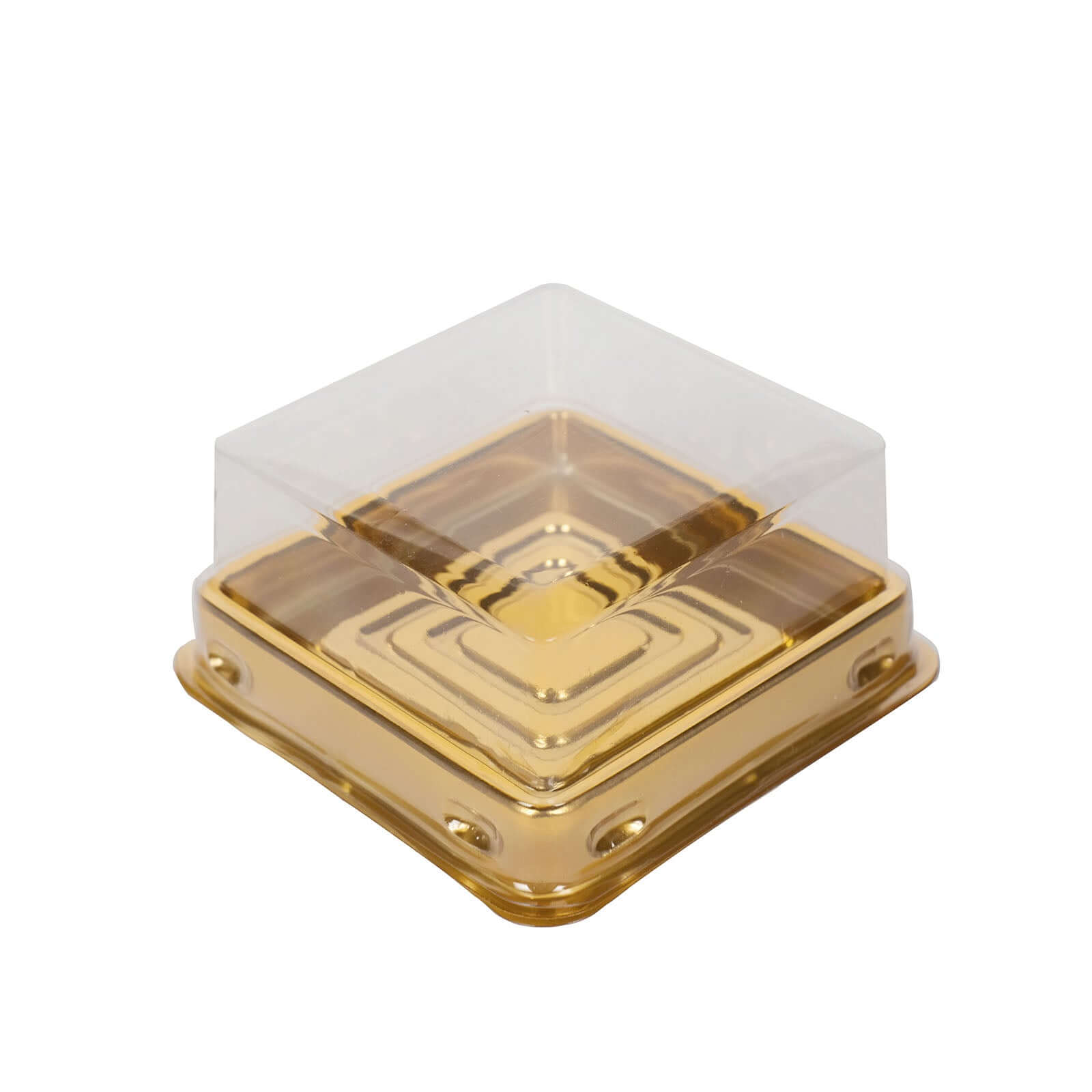 50-Pack Favor Containers Square Design Gold and Clear - Plastic Party Boxes for Cupcakes and Desserts 3"