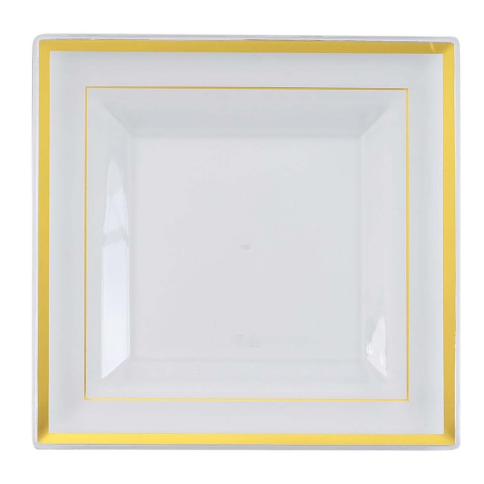 10-Pack Plastic Salad Dessert Plates Clear Square with Gold Trim - Durable Disposable Appetizer Plates 7"