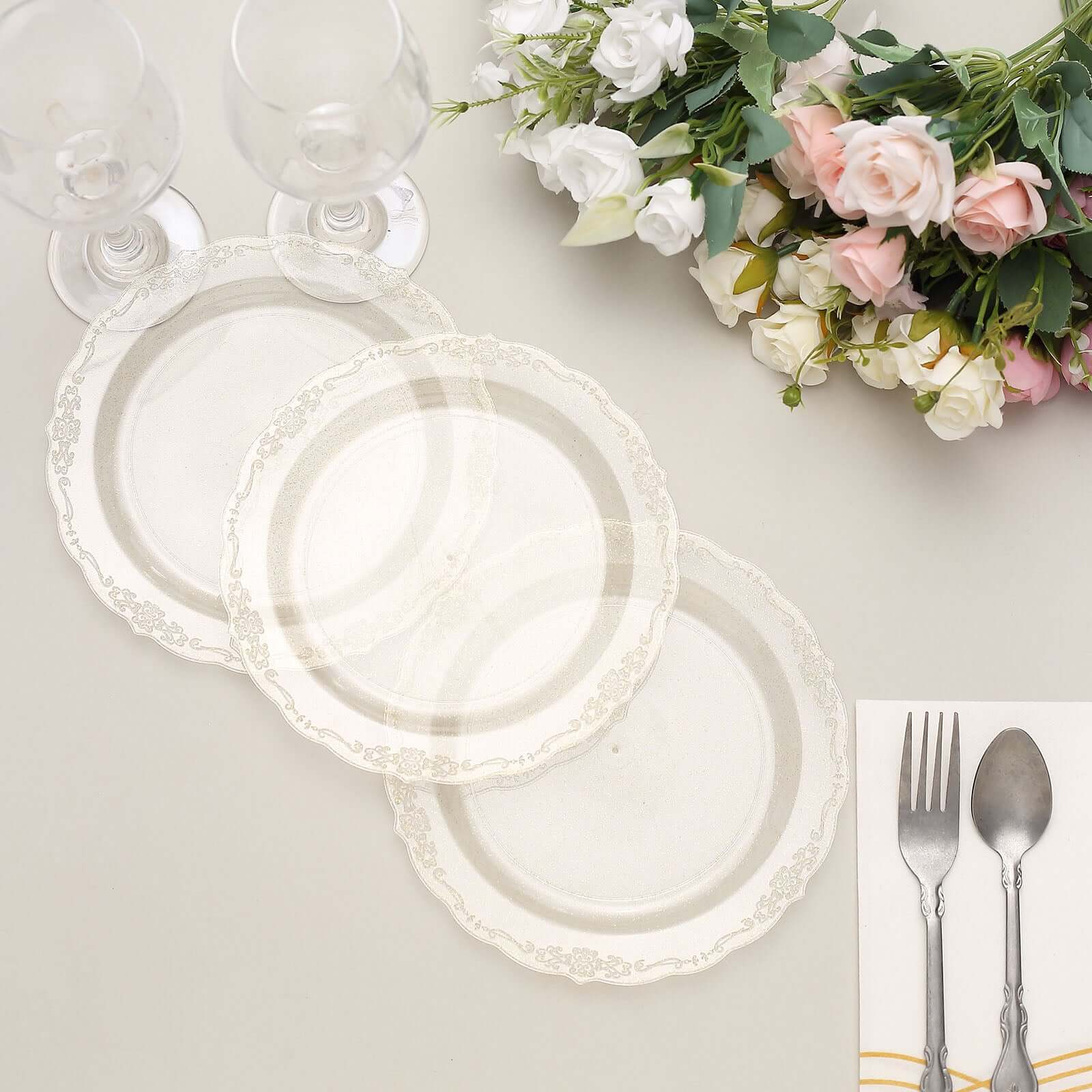 12-Pack Plastic 7" Round Salad Plates Clear with Gold Glitters & Floral Edge