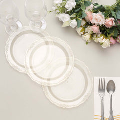 12-Pack Plastic 7" Round Salad Plates Clear with Gold Glitters & Floral Edge