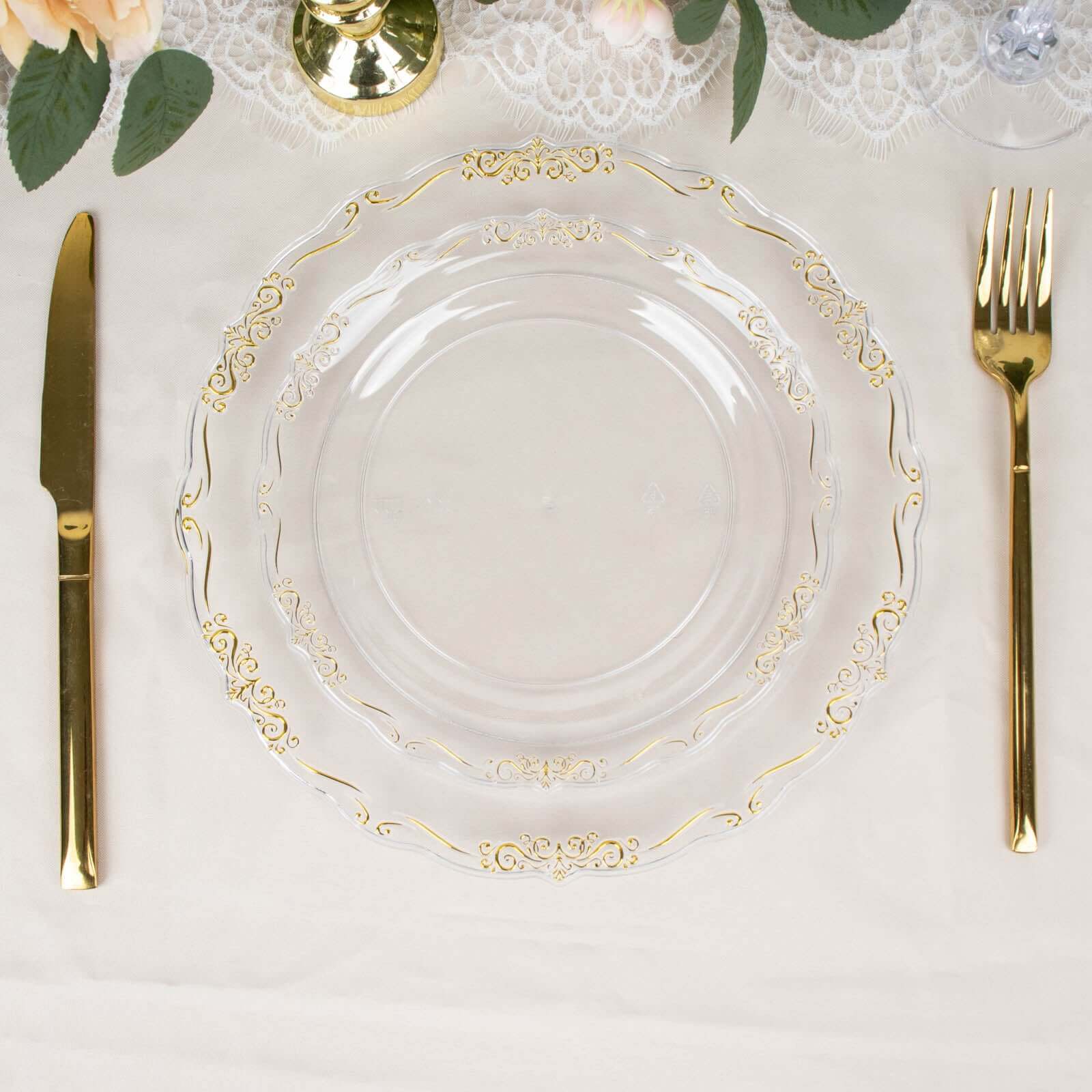10-Pack Plastic 7" Round Dessert Plates in Clear with Gold Vintage Embossed Rim - Sturdy Disposable Scalloped Edge Salad Plates for Sophisticated Events & Celebrations