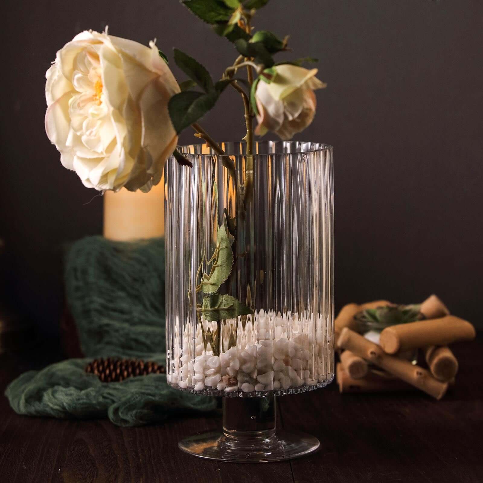 2-Pack Glass Pedestal Vases Ribbed Design Clear - Durable Votive Candle Holders for Events 9"