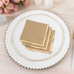 50-Pack Paper Beverage Napkins Natural with Gold Foil Edge - 2 Ply Disposable Soft 18GSM Cocktail Napkins 5"x5"