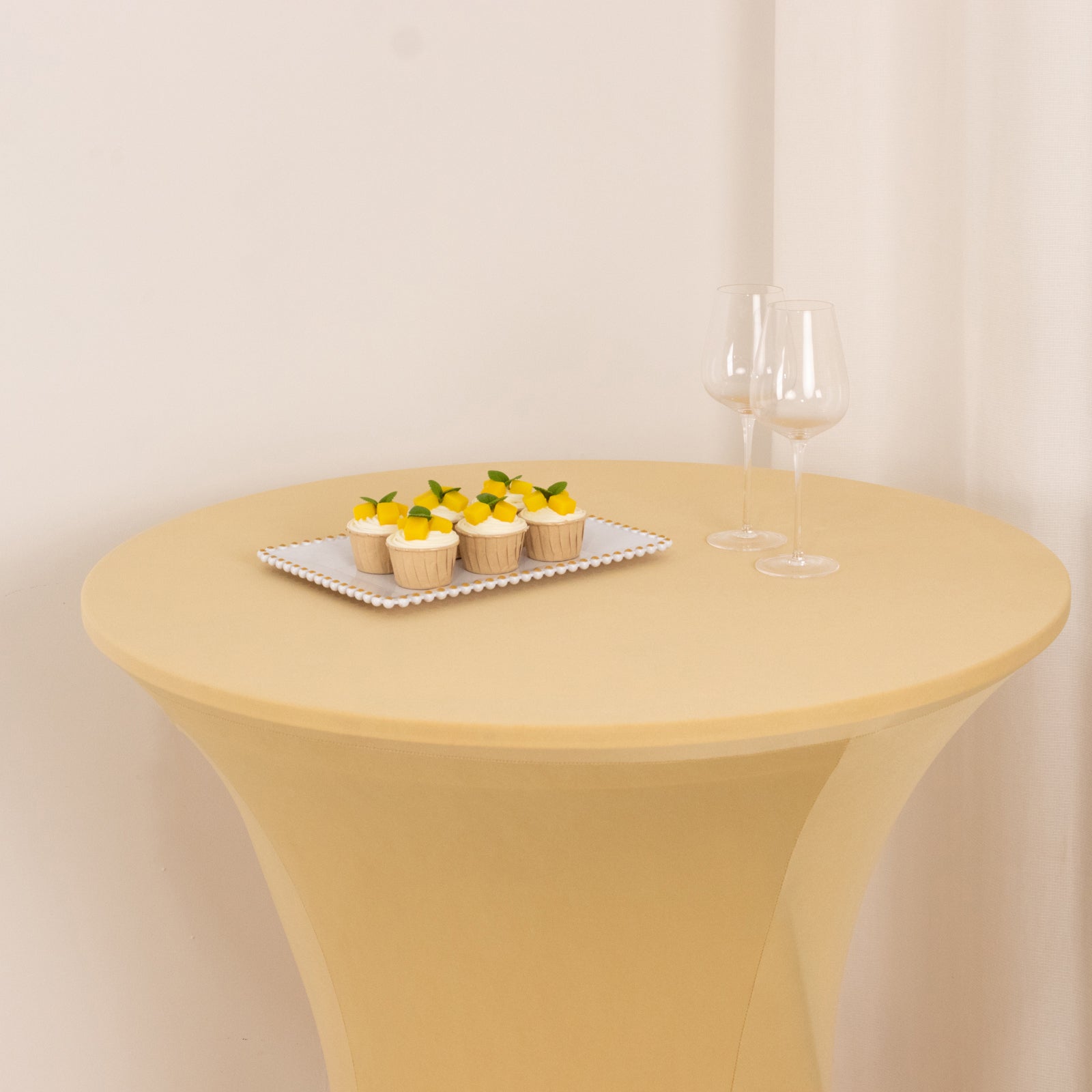 Spandex 33"-36" Round Cocktail Table Cover Champagne - Easy to Maintain Stretch Fitted Highboy Tablecloth