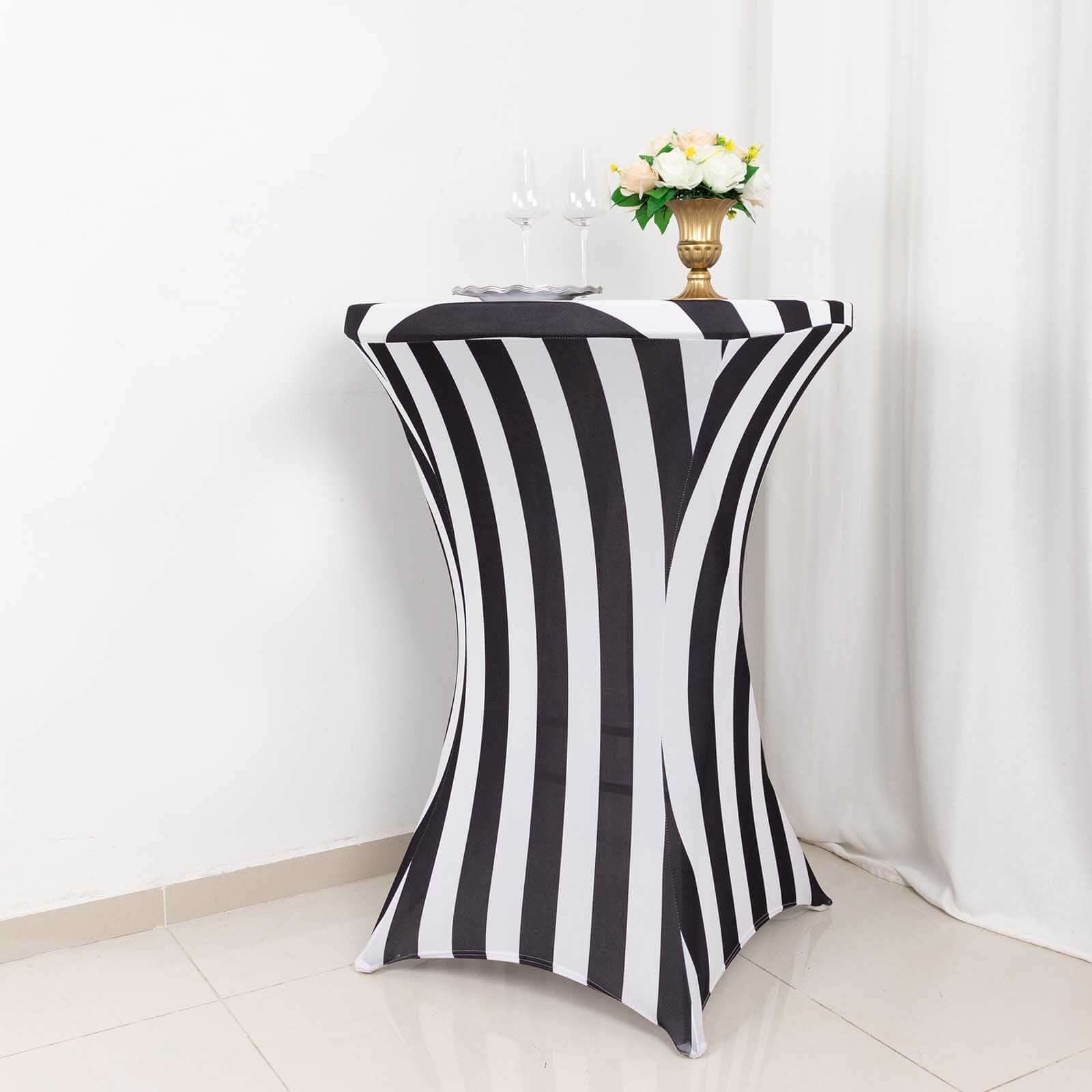 Spandex 32" Fitted Round Cocktail Table Cover Black/White Striped - Easy to Maintain Stretch Tablecloth
