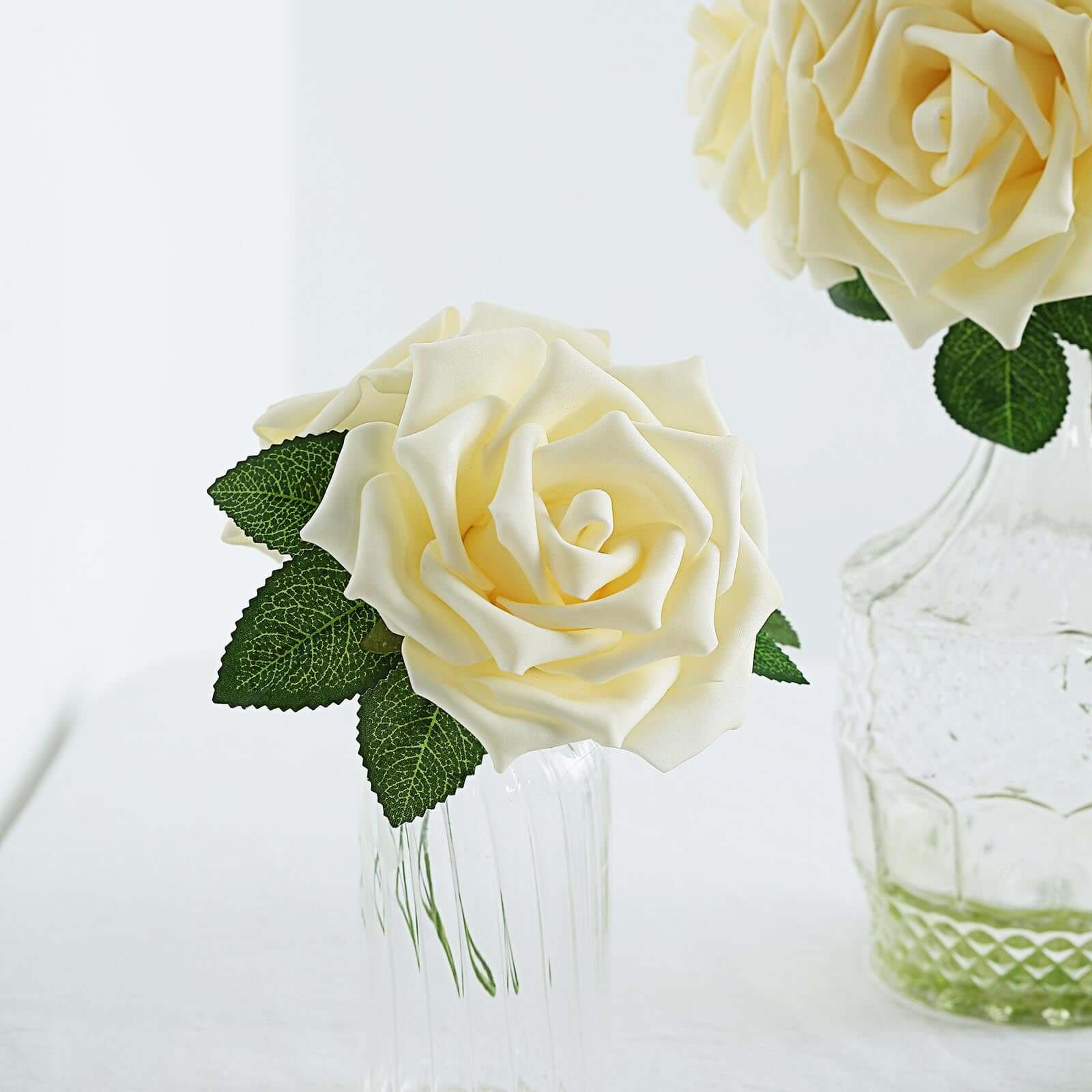 24 Roses 5" Cream Artificial Foam Flowers With Stem Wire and Leaves