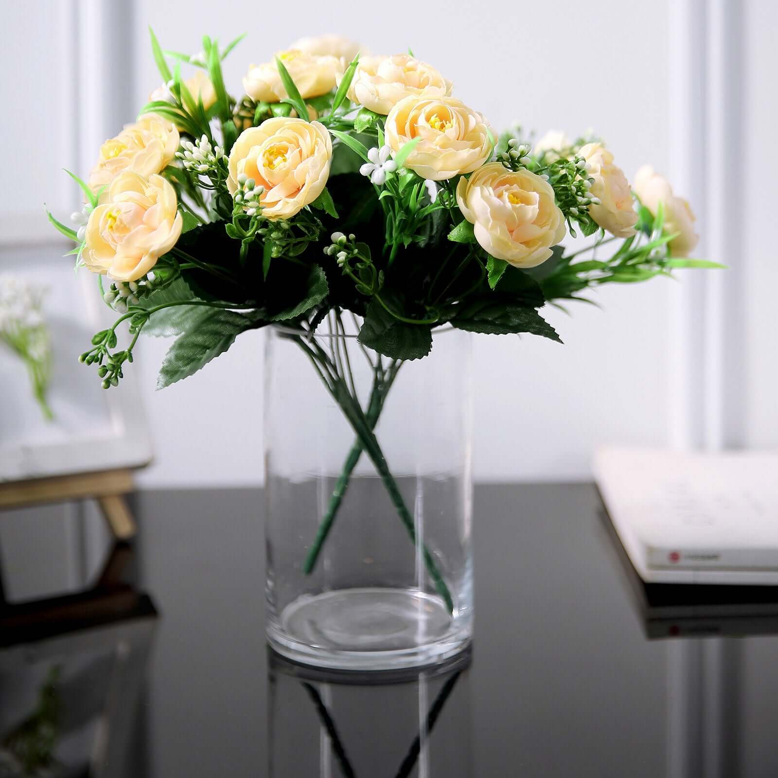 4 Bushes Cream Artificial Silk Peony Flower Bouquet Arrangement