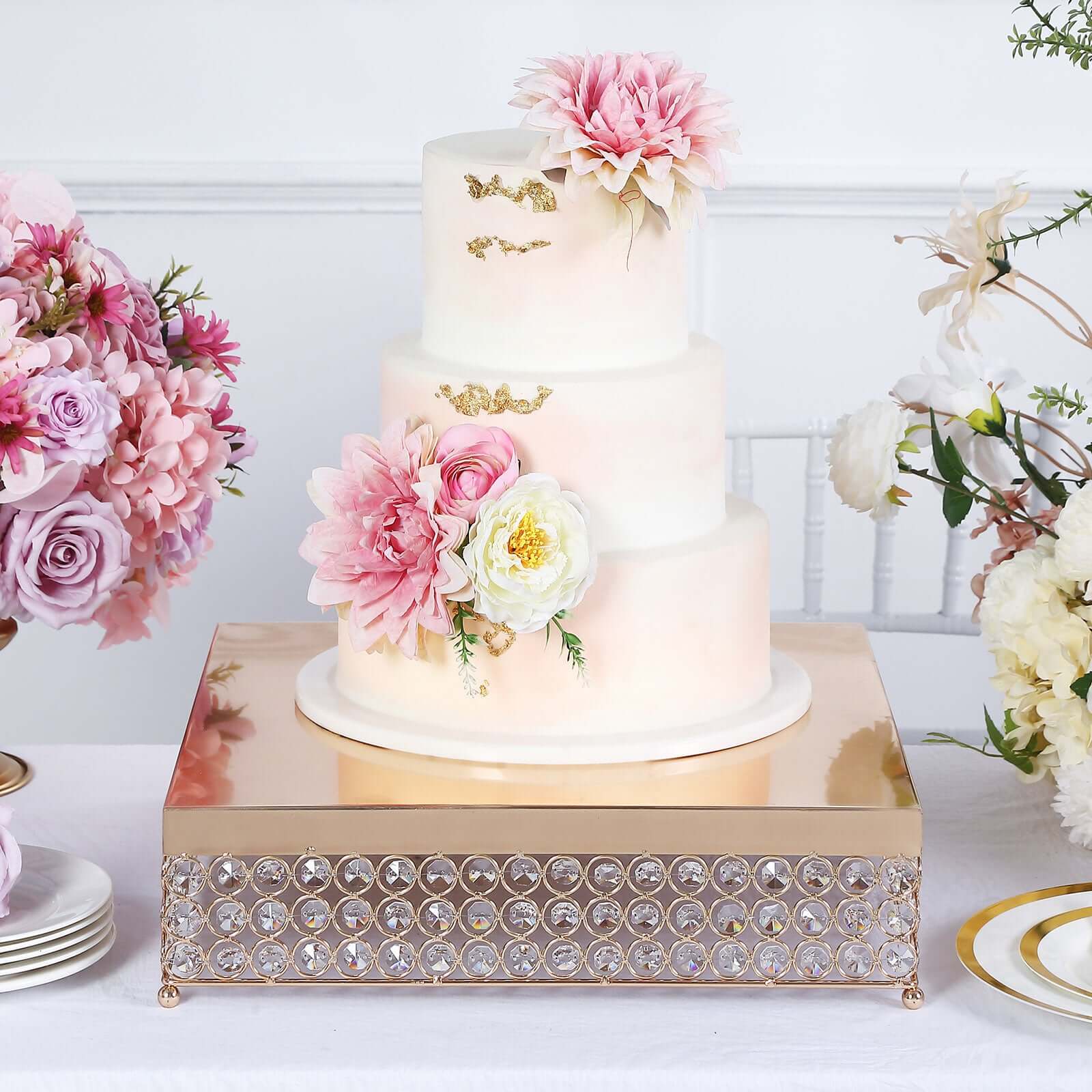 Metal Cake Stand Square Design with Crystal Beads Gold - Dessert Pedestal for Events 16"