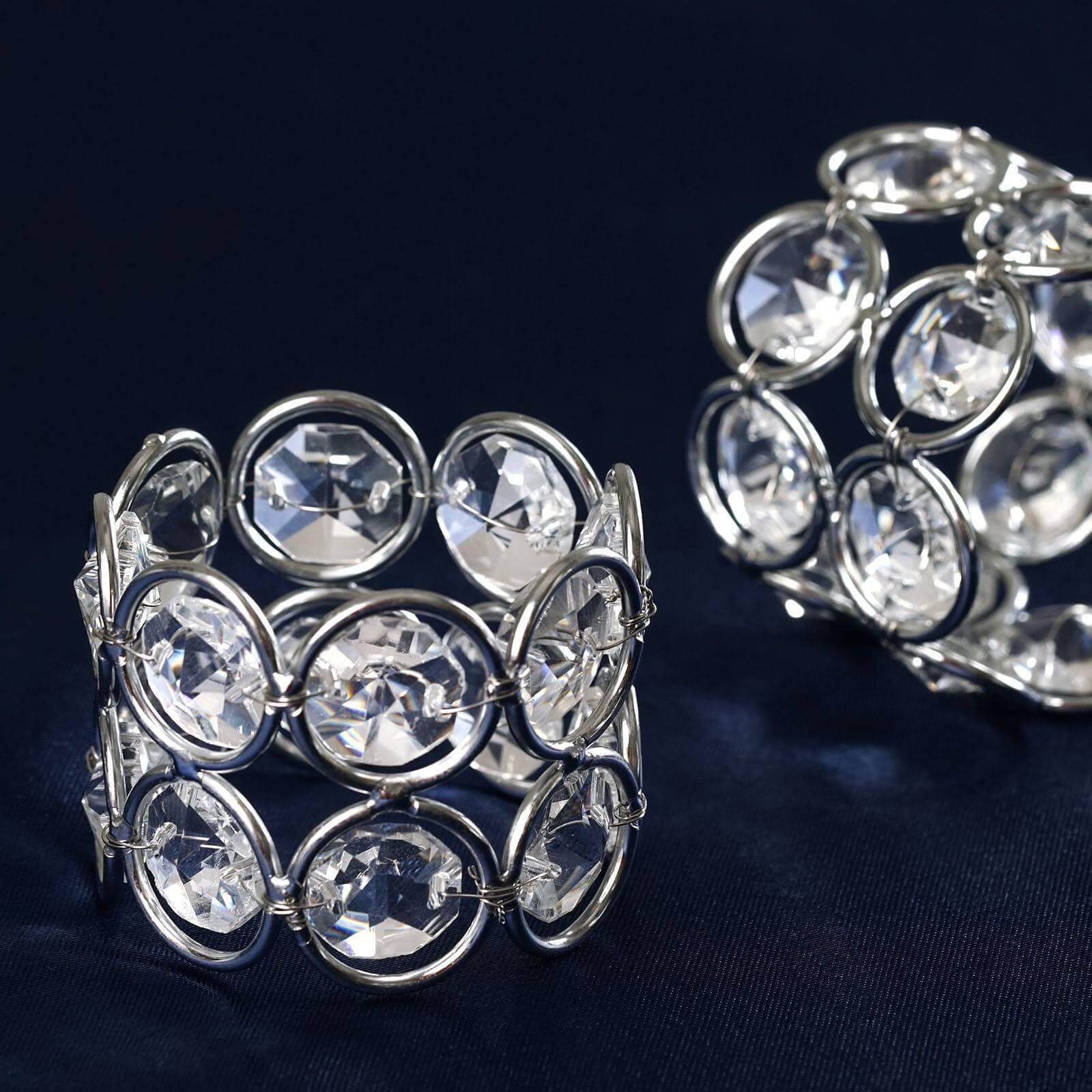 4 Pack Shiny Silver Acrylic Crystal Gem Beaded Napkin Rings