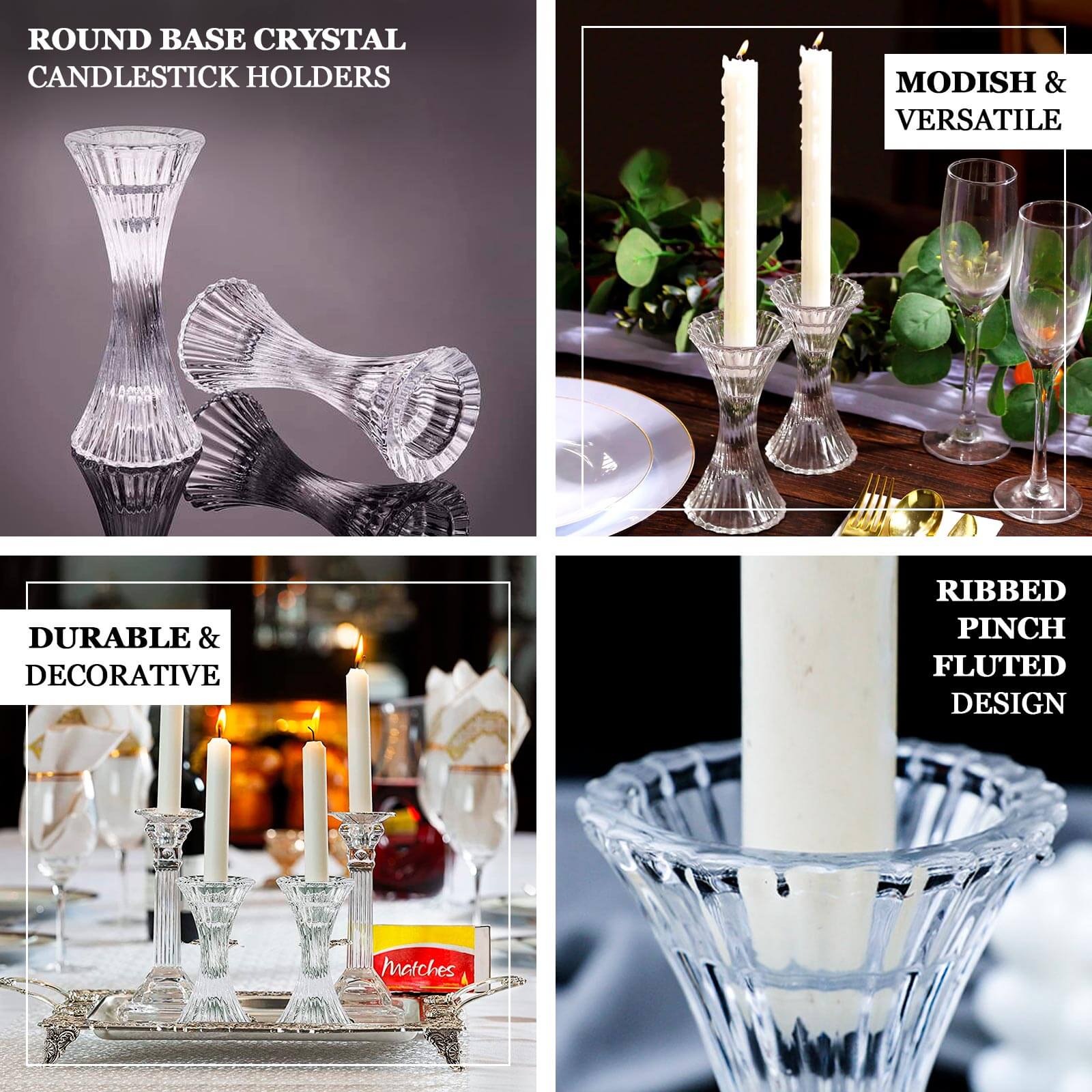 2-Pack Crystal Pillar Candlestick Stands Hour Glass Design with Diagonal Stripes Clear - Reversible Taper Holders 5"