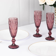 6-Pack Champagne Flute Glasses Transparent Dusty Rose Textured Crystal Cut Design - Chic Wine Goblets for Parties & Events 6oz 8"