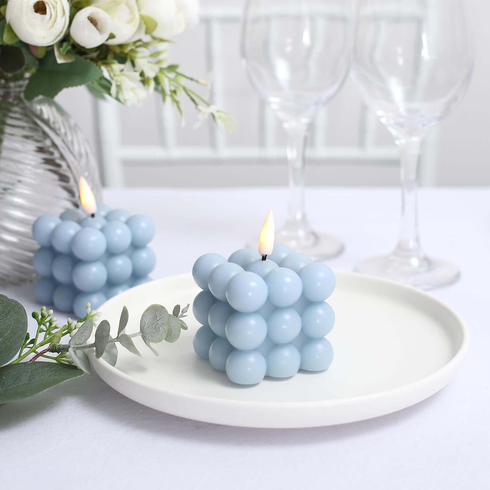 2-Pack LED Flameless Cube Candles Flickering Warm White Dusty Blue - Battery Operated Bubble Design 2"