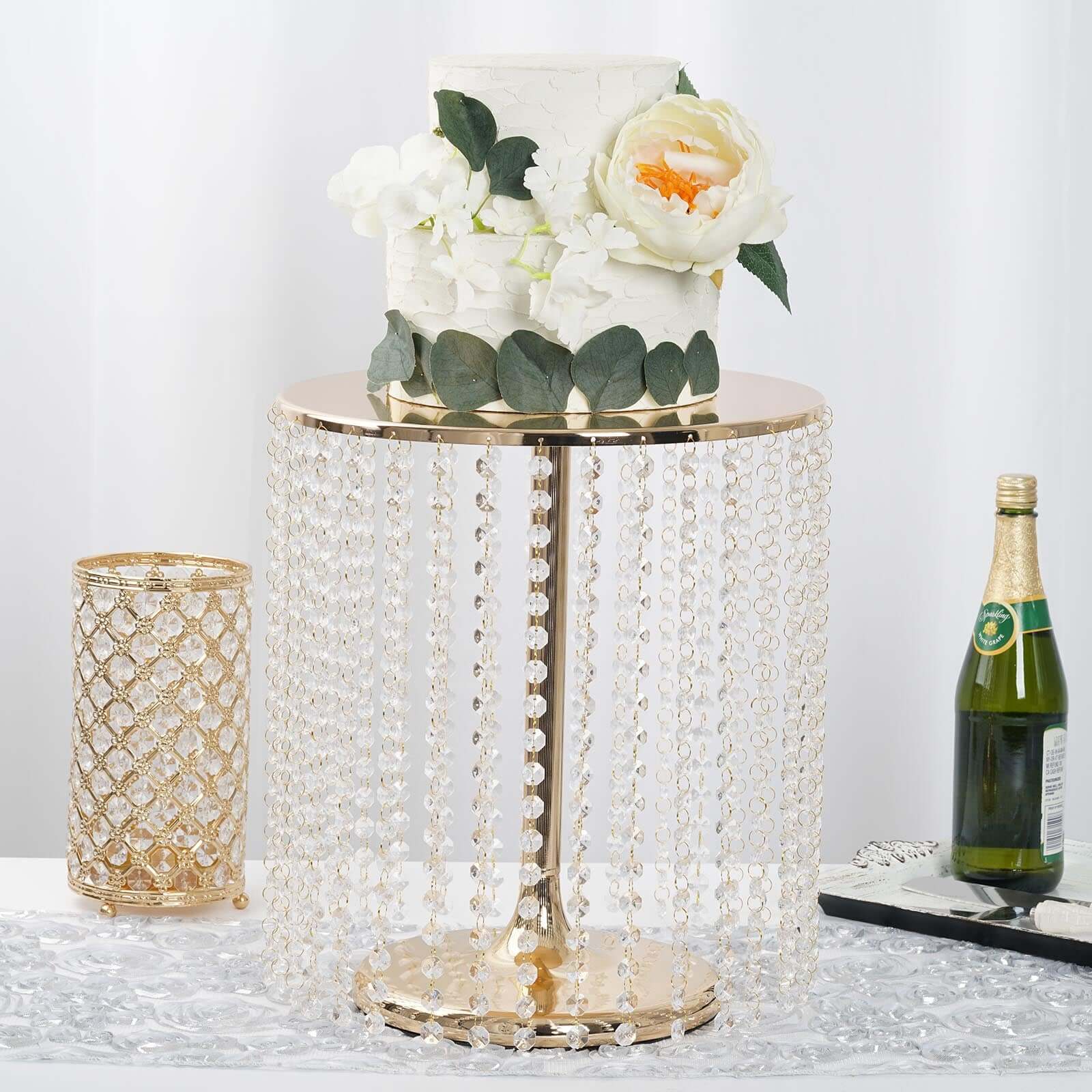 Metal Cake Stand Round Design Metallic Gold with Crystal Chains 14" Dia - Cupcake Dessert Pedestal 16"Tall