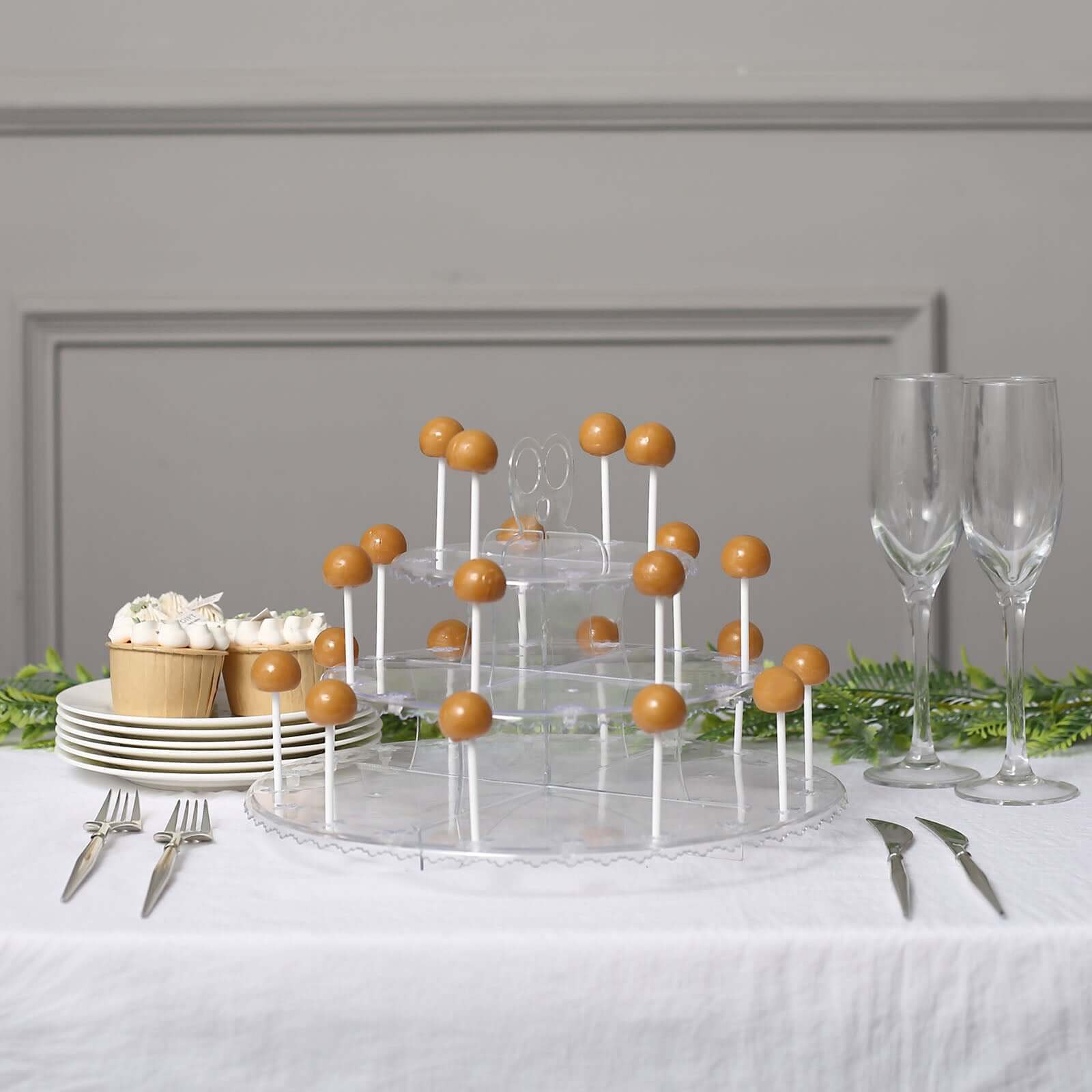 3-Tier Plastic Cucpake & Cake Pop Stand Clear - Decorative Reusable Lollipop Holder Dessert Tower with Floral Edges for Birthday Baby Shower & Tea Parties 12"