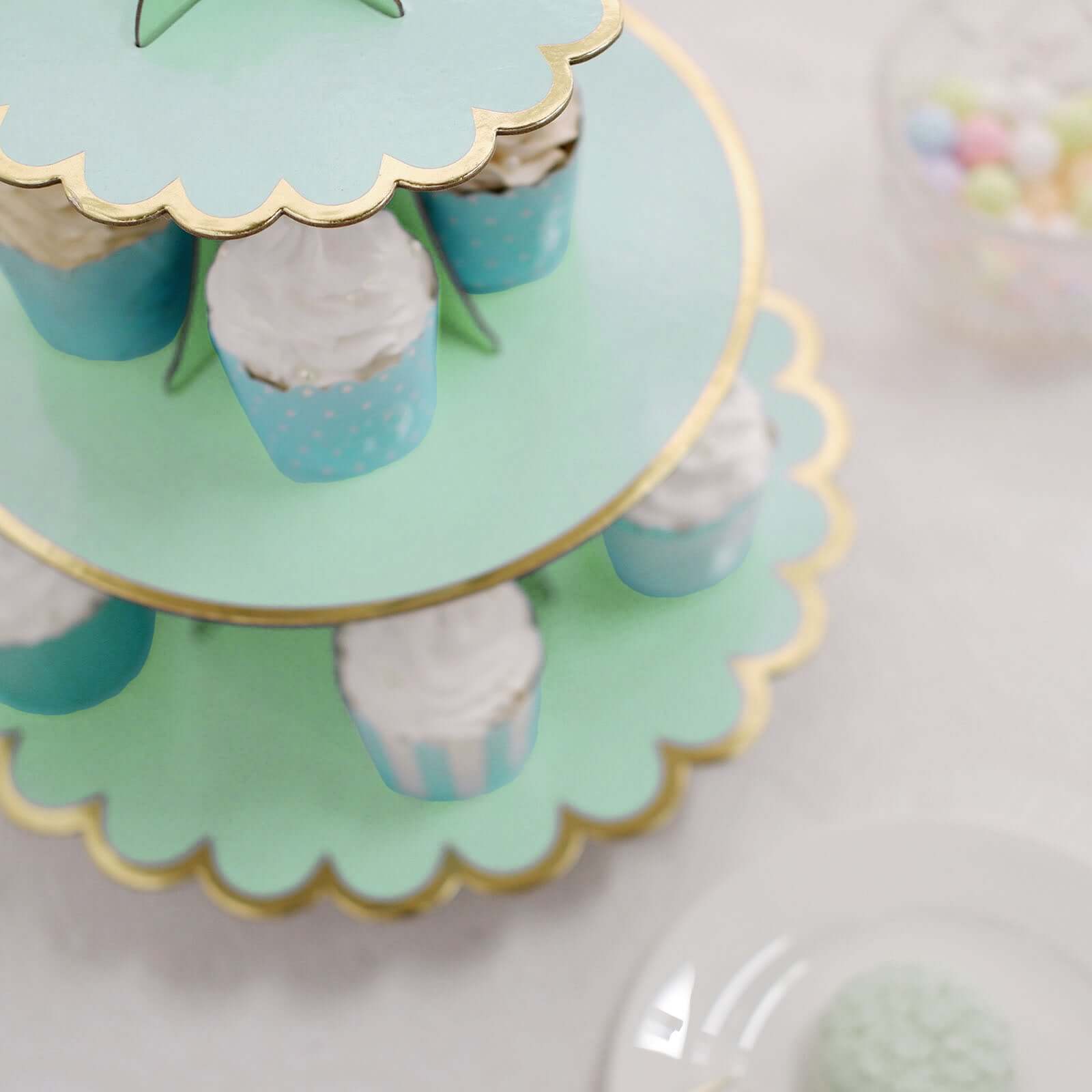 3-Tier Cardboard Cupcake Stand Mint - Sturdy & Collapsible Dessert Treat Tower with Gold Scalloped Rim for Baby Shower Wedding & Party Decor 13"