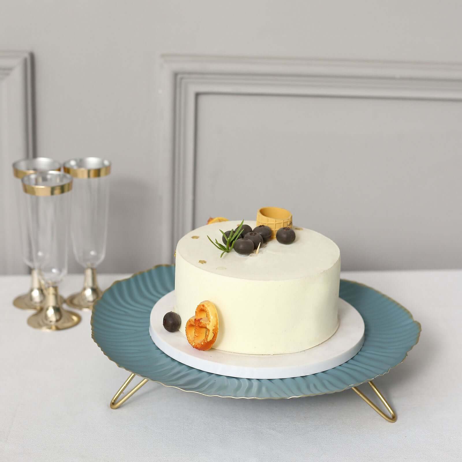 Metal Round Serving Tray 12" in Dusty Blue Floral Pattern with Gold Wavy Rim, Pedestal Dessert Display with Hairpin Legs